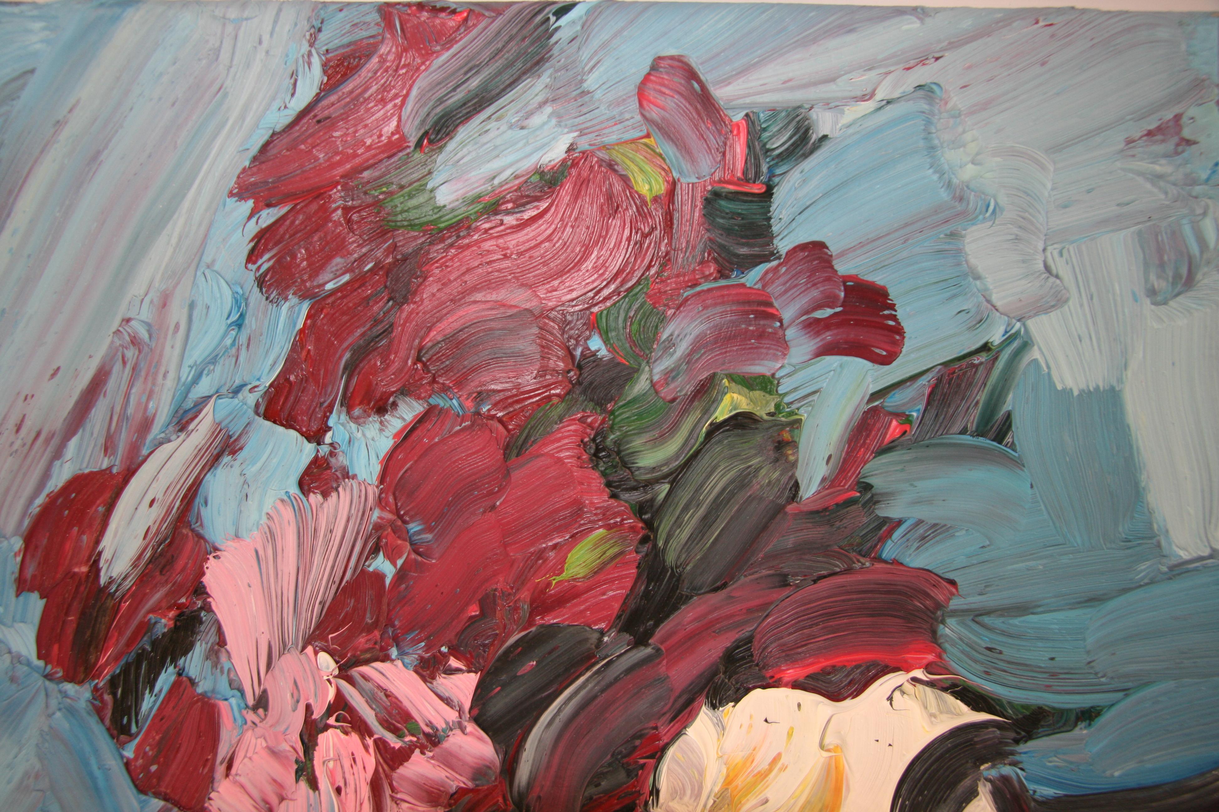 CRIMSON CHRYSANTHEMUMS  PALE BLUE .EDWARD BEALE contemporary British artist For Sale 9