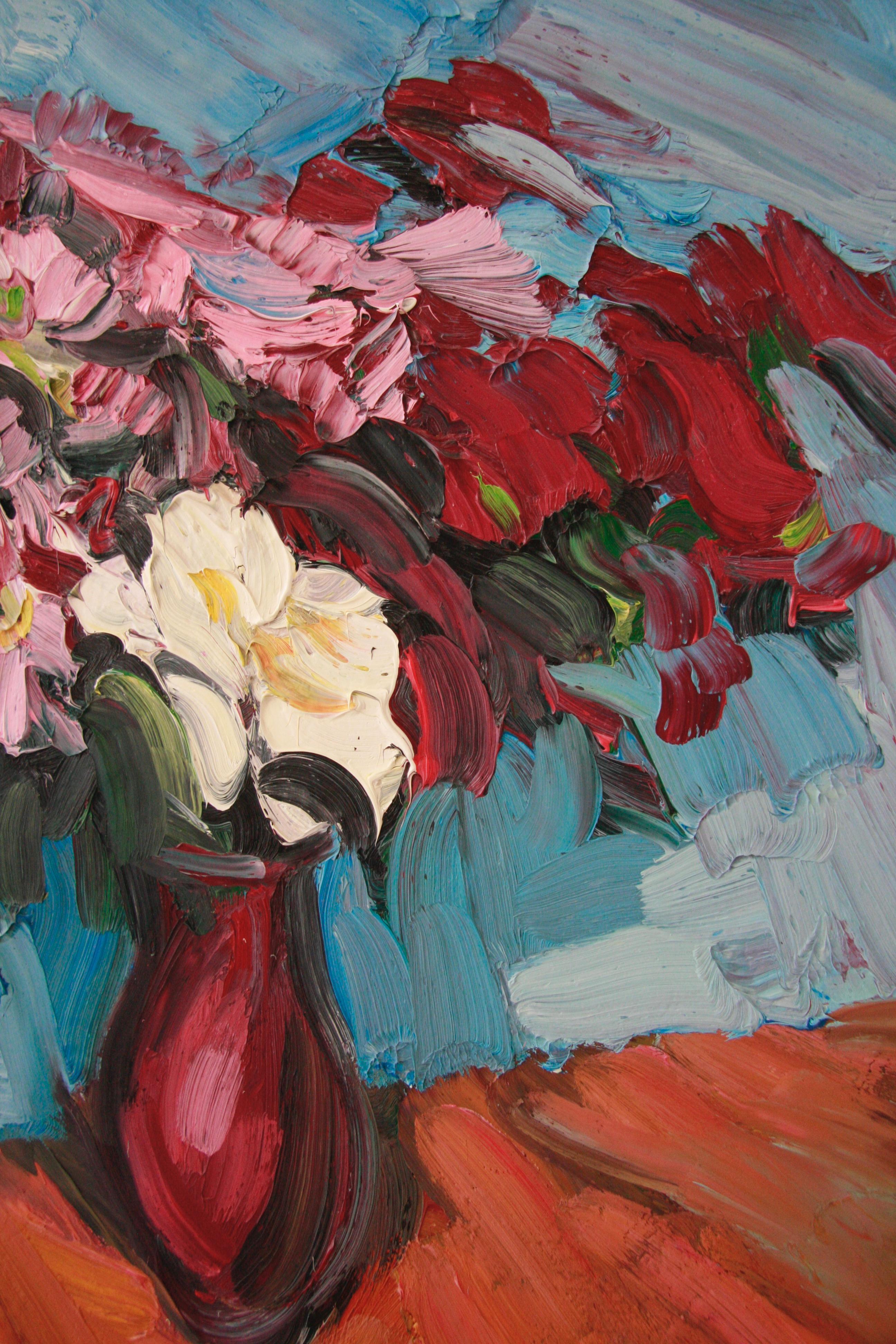 CRIMSON CHRYSANTHEMUMS  PALE BLUE .EDWARD BEALE contemporary British artist For Sale 11