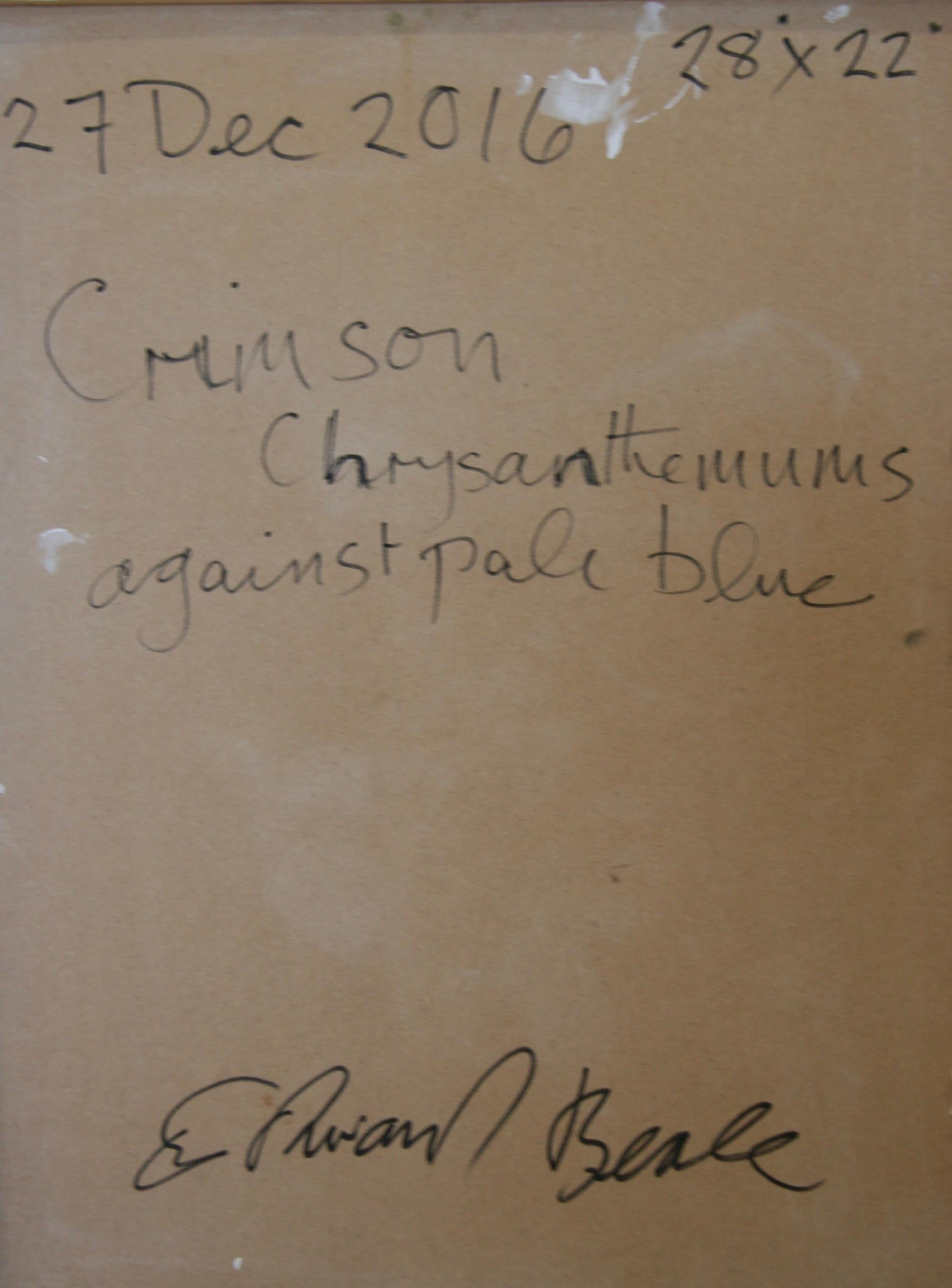 CRIMSON CHRYSANTHEMUMS  PALE BLUE .EDWARD BEALE contemporary British artist For Sale 15