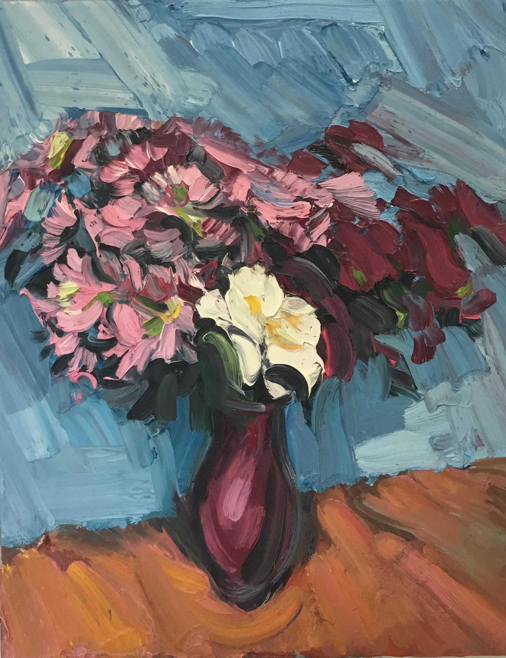CRIMSON CHRYSANTHEMUMS  PALE BLUE .EDWARD BEALE contemporary British artist - Painting by Edward Beale