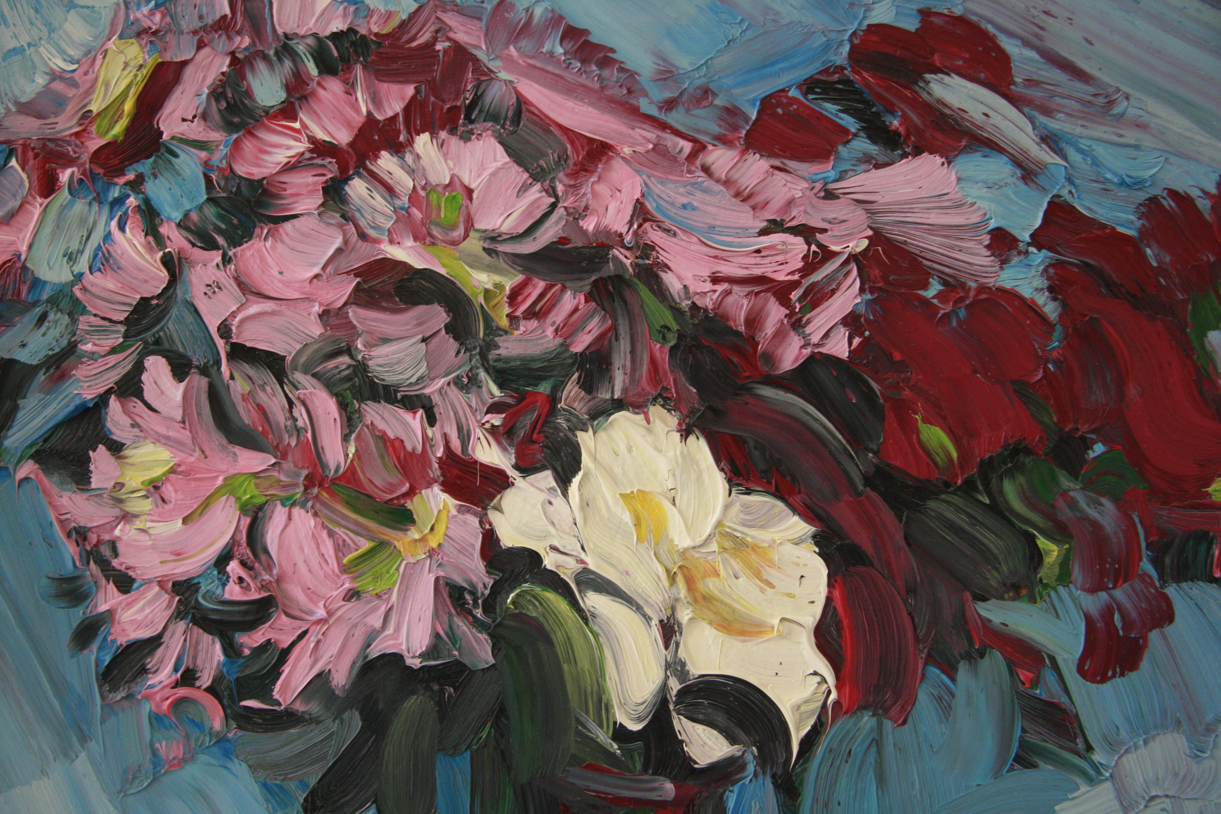 CRIMSON CHRYSANTHEMUMS  PALE BLUE .EDWARD BEALE contemporary British artist For Sale 1