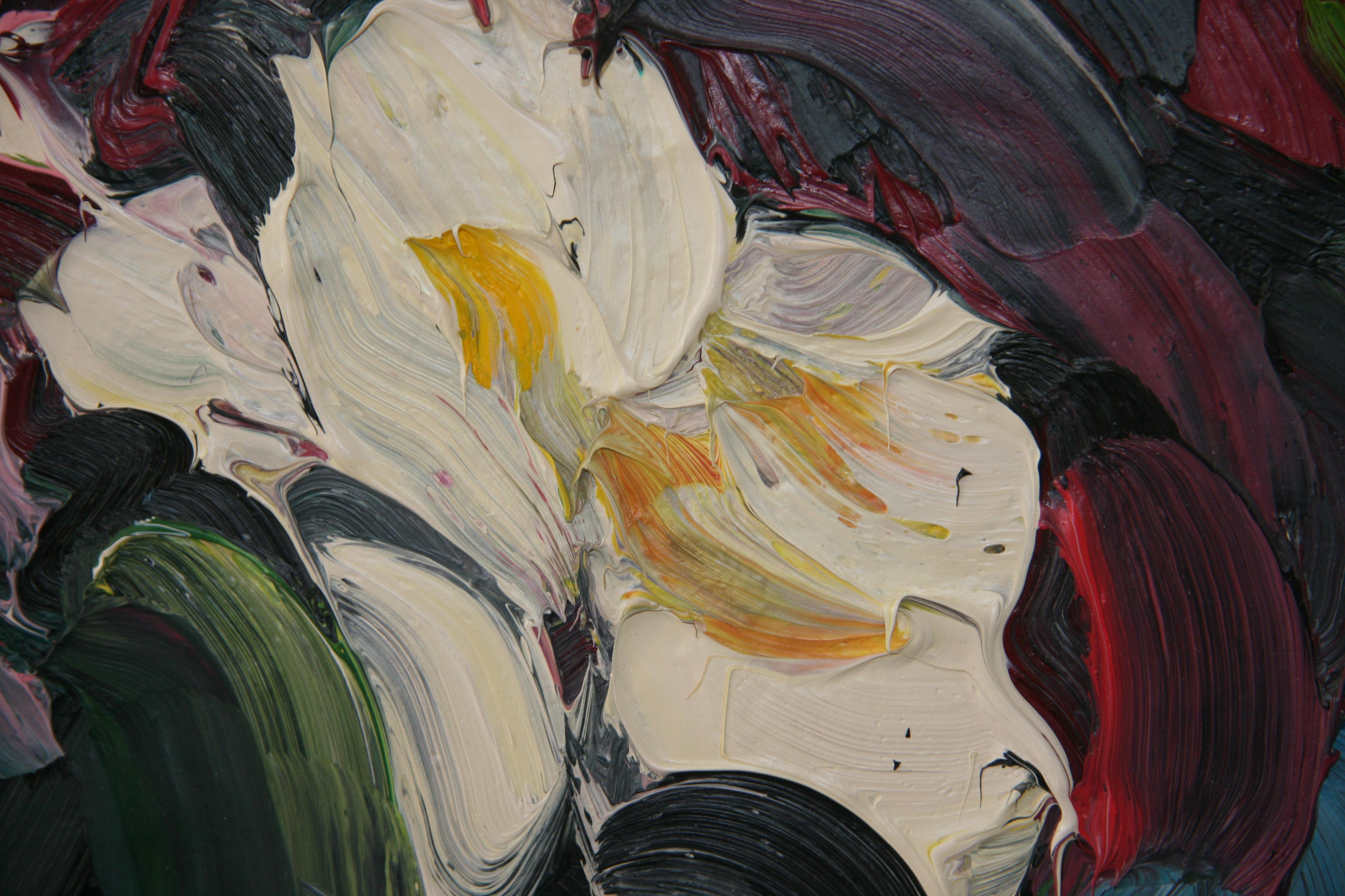 CRIMSON CHRYSANTHEMUMS  PALE BLUE .EDWARD BEALE contemporary British artist For Sale 2