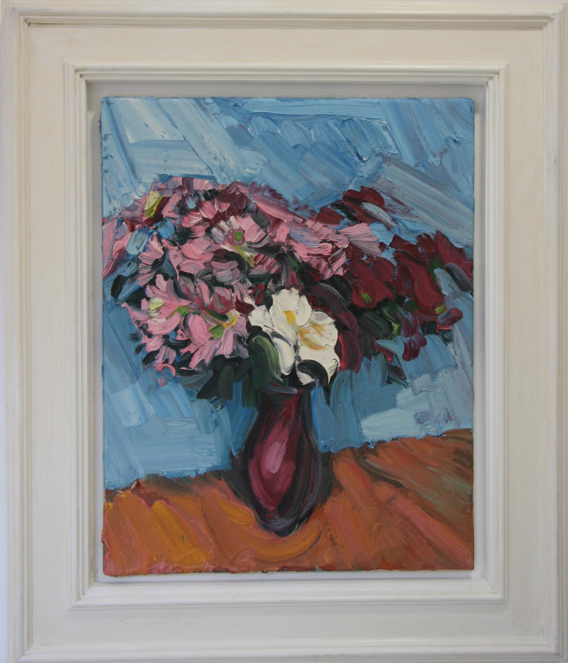 Edward Beale Still-Life Painting - CRIMSON CHRYSANTHEMUMS  PALE BLUE .EDWARD BEALE contemporary British artist