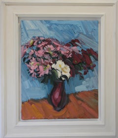 CRIMSON CHRYSANTHEMUMS  PALE BLUE .EDWARD BEALE contemporary British artist