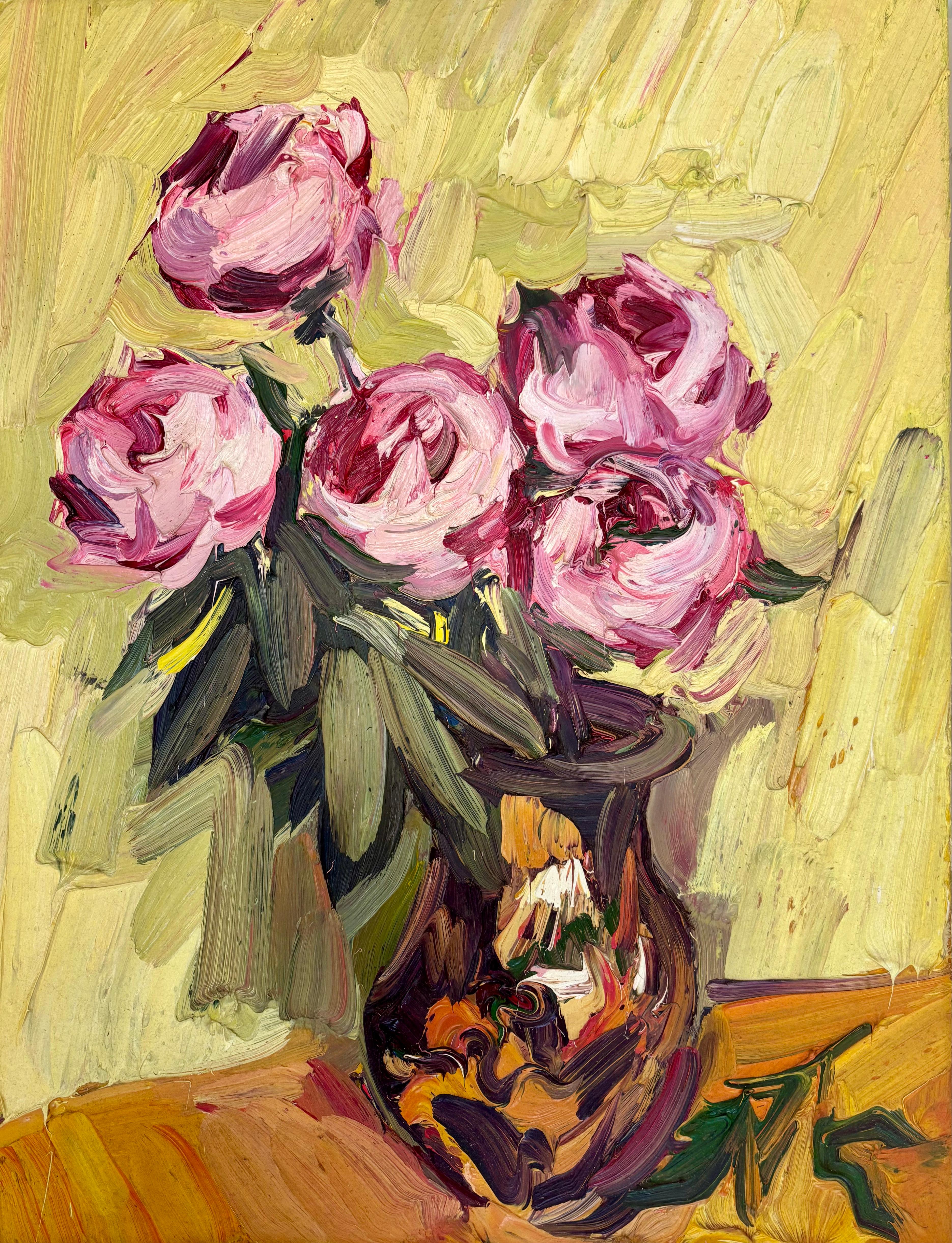 FIVE PEONIES IN VASE EDWARD BEALE Contemporary British Artist - Painting by Edward Beale