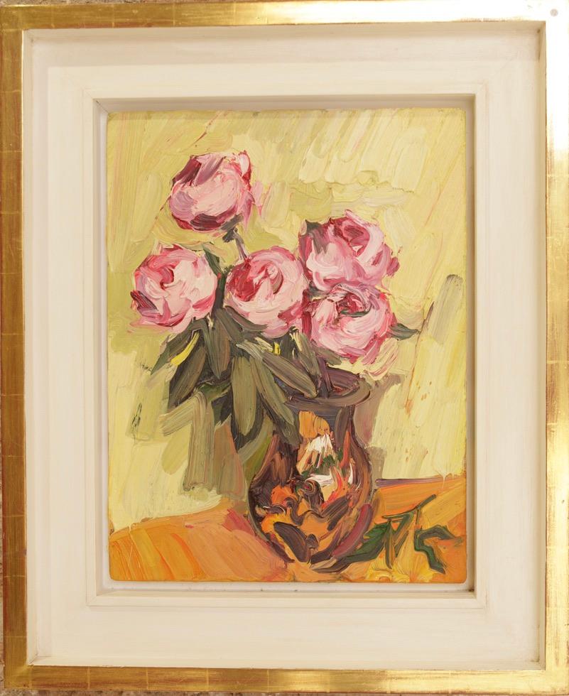 FIVE PEONIES IN VASE EDWARD BEALE Contemporary British Artist - Abstract Impressionist Painting by Edward Beale