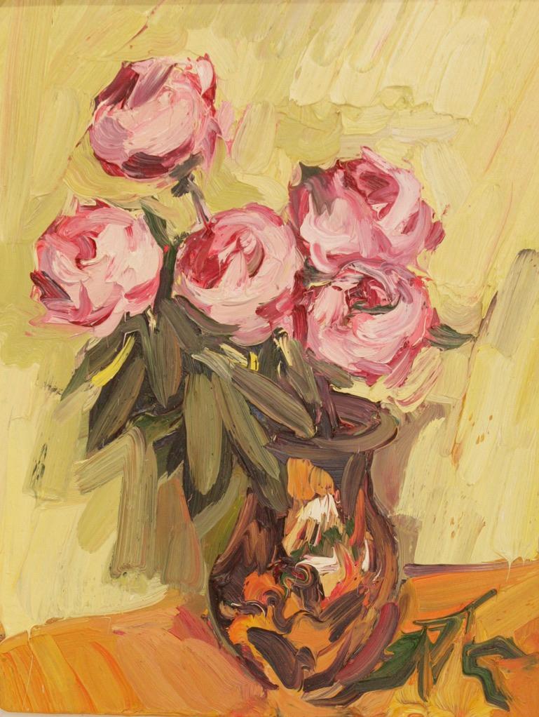 FIVE PEONIES IN VASE EDWARD BEALE Contemporary British Artist - Beige Still-Life Painting by Edward Beale