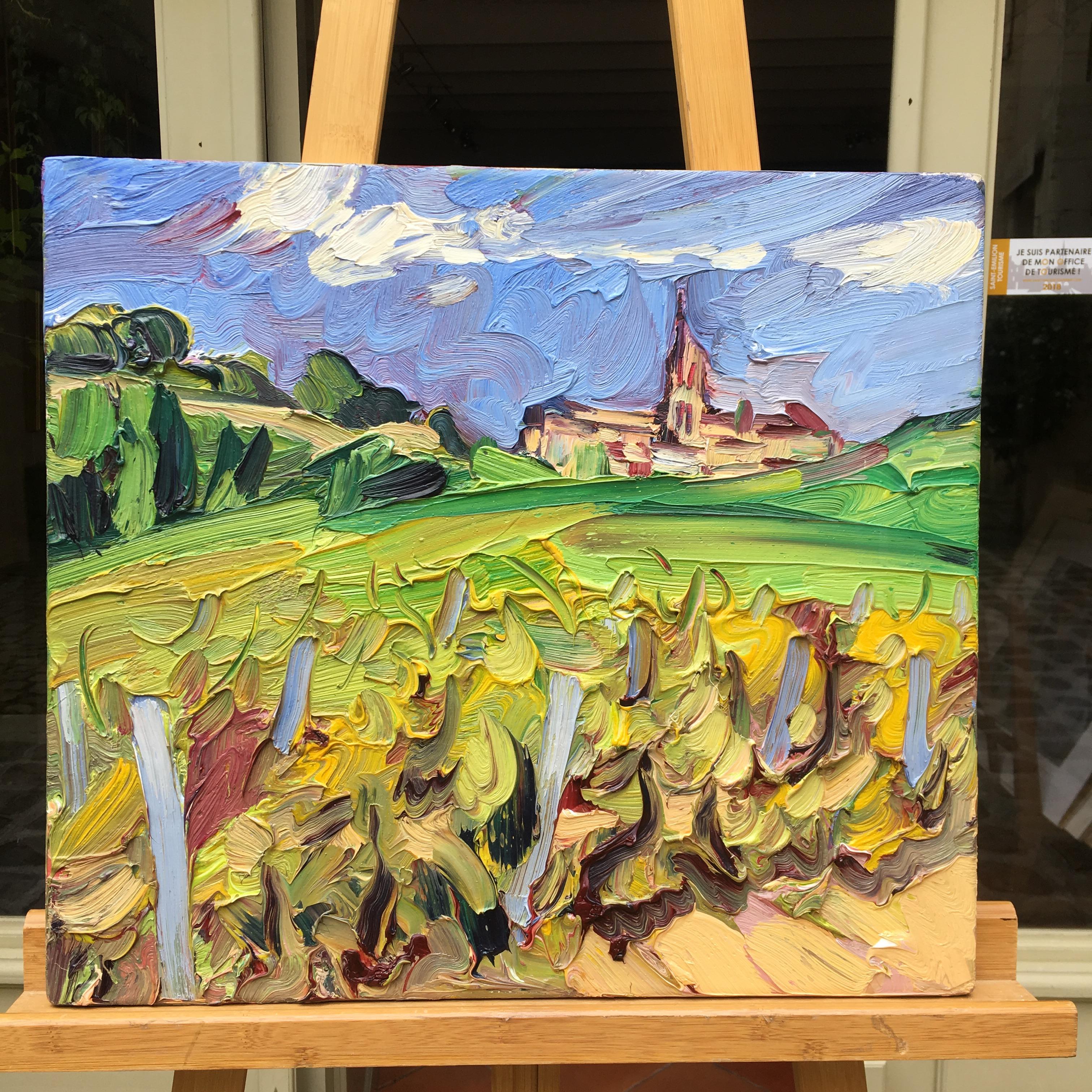 Saint Emilion aus Vineyard. Postimpressionistische französische Landschaft von Französisch Beale. – Painting von Edward Beale