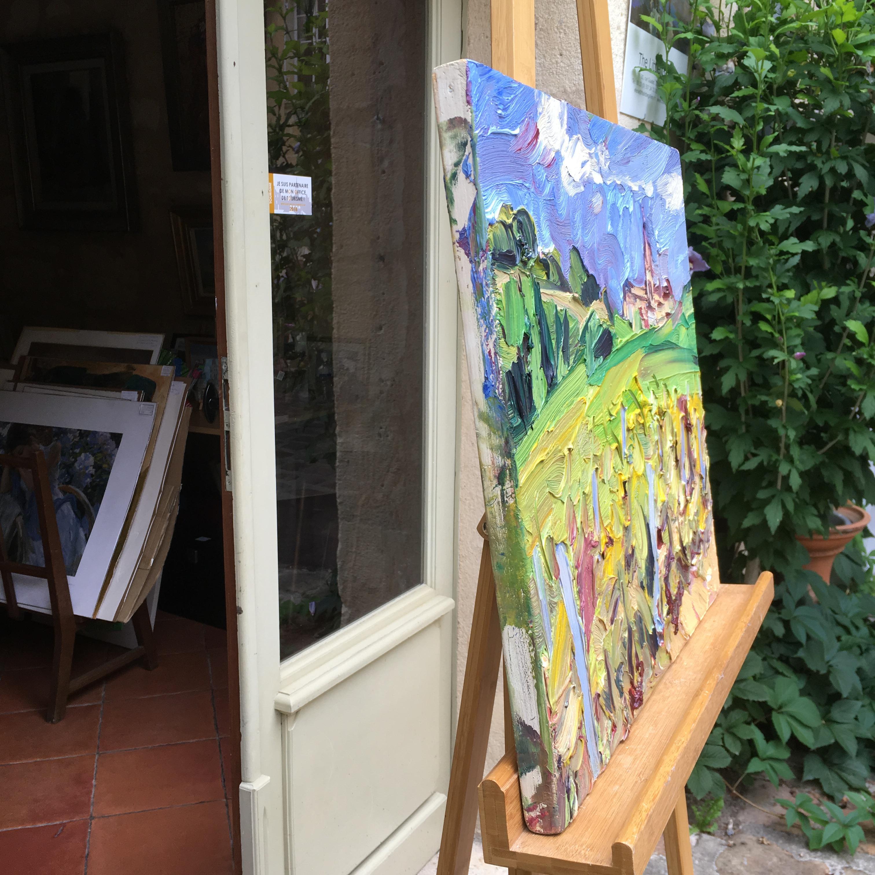 Saint Emilion aus Vineyard. Postimpressionistische französische Landschaft von Französisch Beale. (Grau), Landscape Painting, von Edward Beale