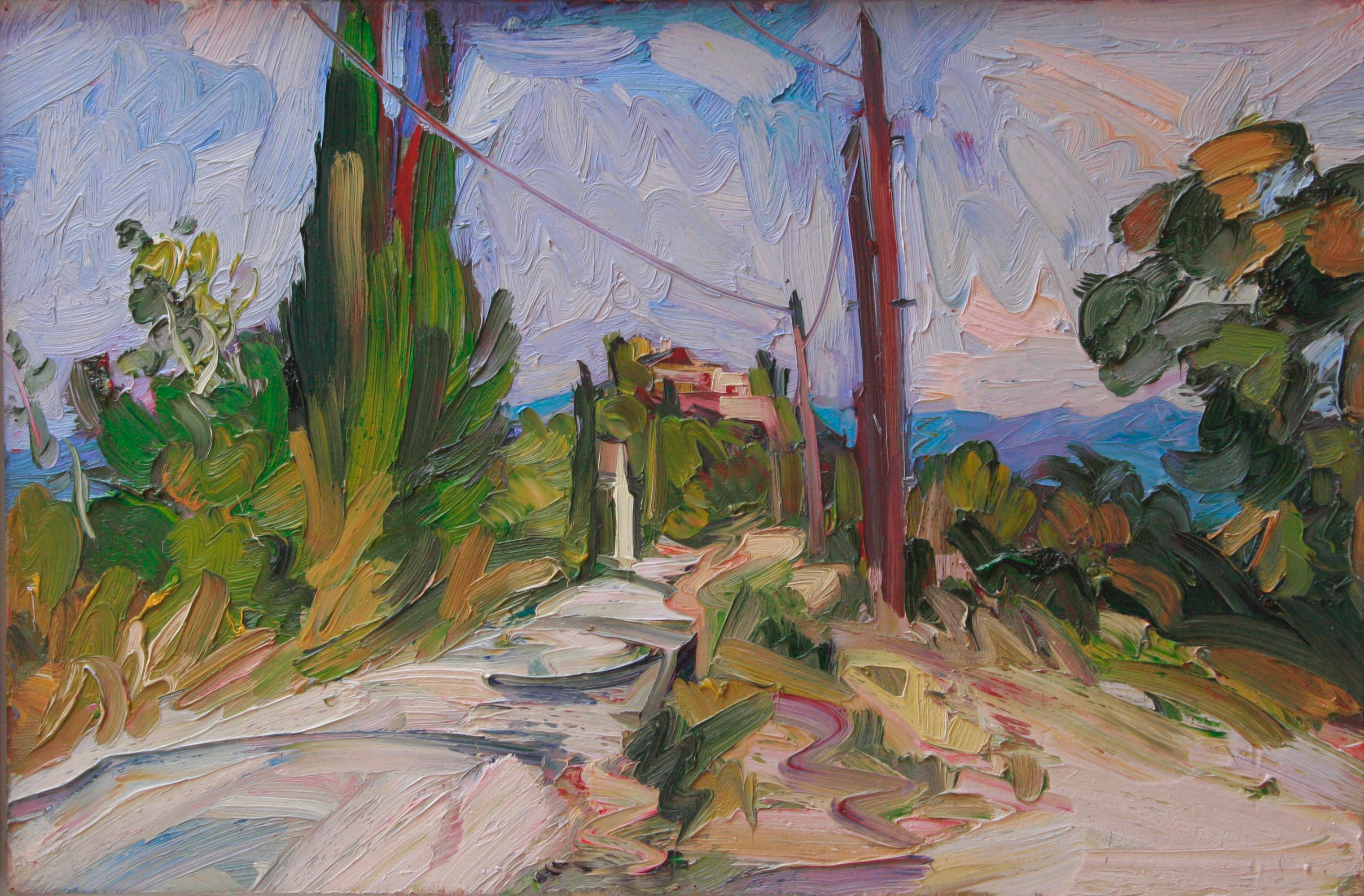 LA CASA BLANCA en el camino aSAINT FERREOL. EDWARD BEALE Contemporáneo británico - Landscape Painting Marrón de Edward Beale
