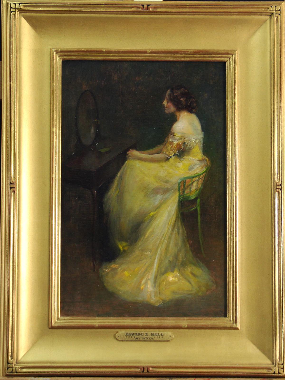 Edward Bell Portrait Painting - The Mirror, 19th Century Impressionist Female Portrait, Oil on Board, Framed
