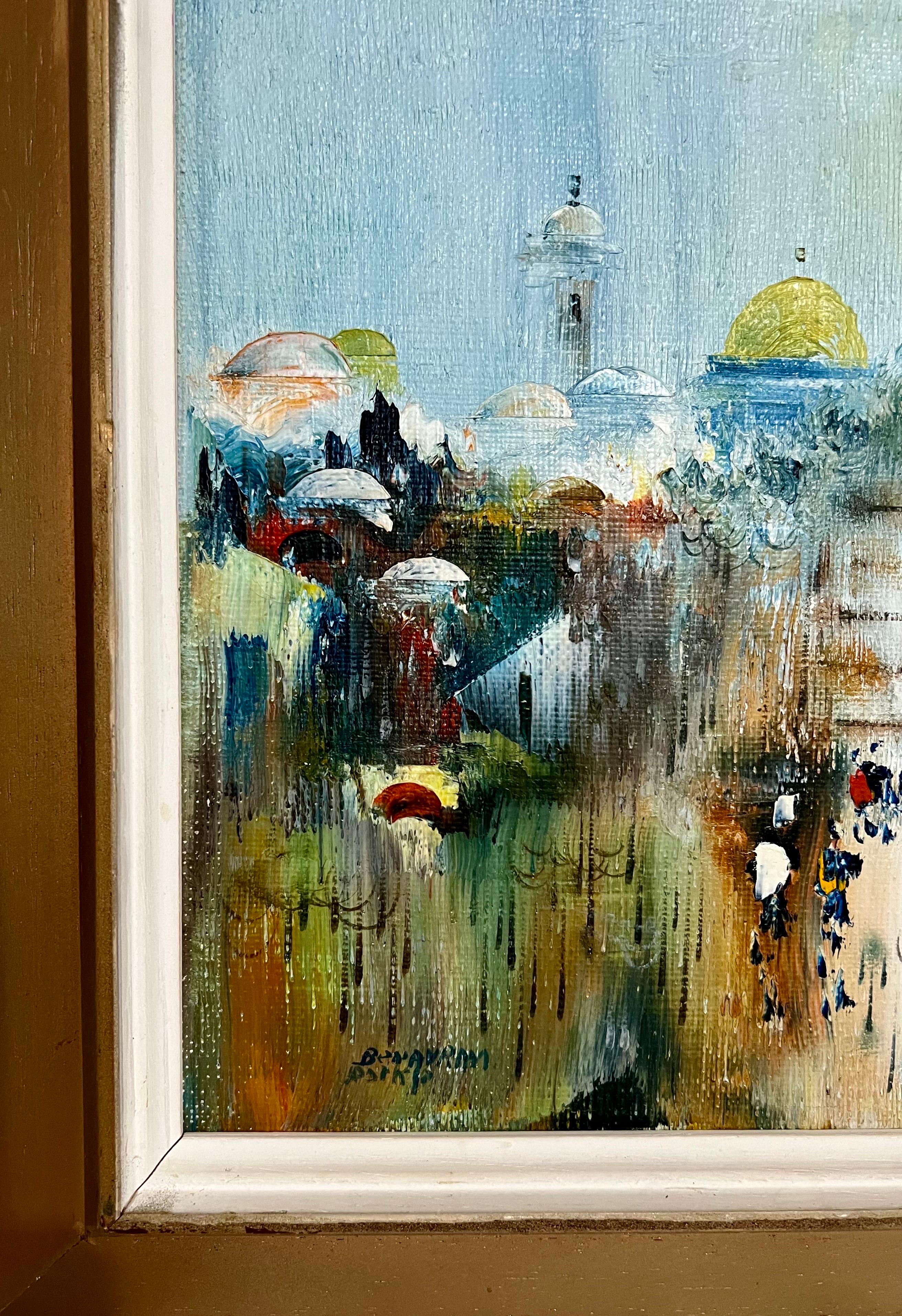 Peinture à l'huile sur toile de l'école israélienne de Bezalel à Jérusalem et au Kotel  en vente 1
