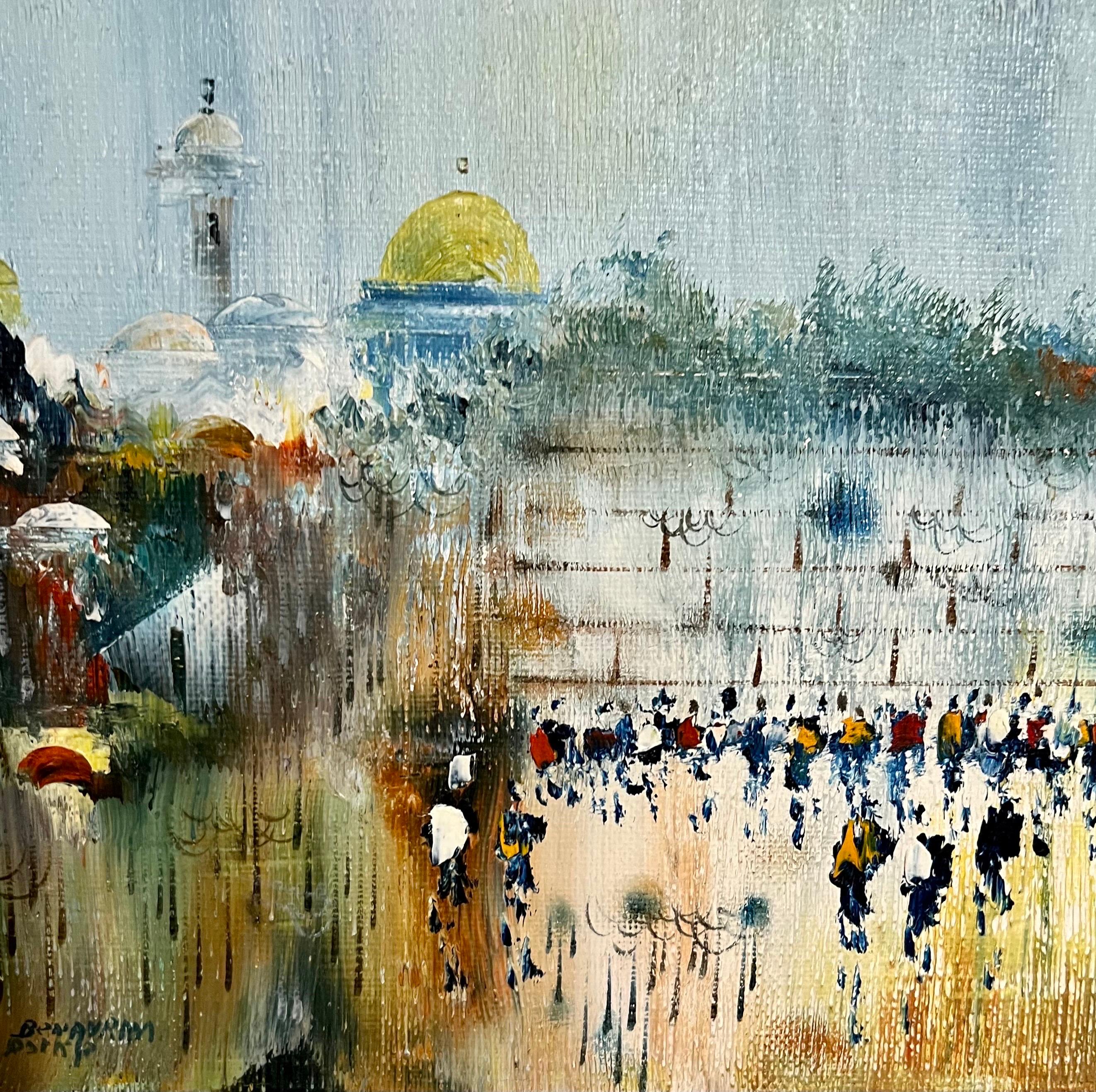 Peinture à l'huile sur toile de l'école israélienne de Bezalel à Jérusalem et au Kotel  en vente 2