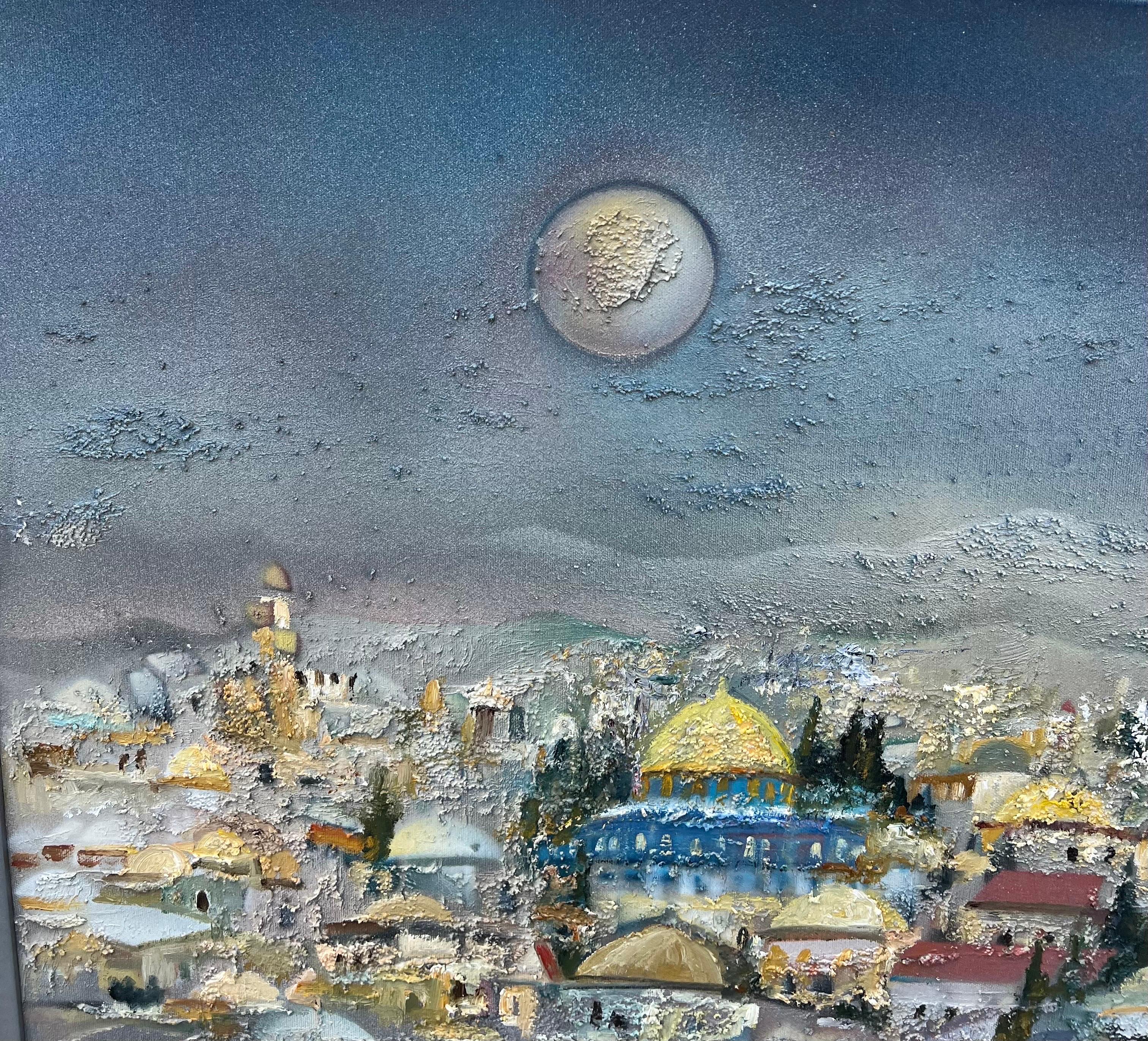 Jerusalem Israeli landscape cityscape with the Har Habayit, The Temple Mount.
Size includes frame. canvas is 37.5 X 42.5

Edward Ben Avram (born 1941) is an Indian - Israeli artist who was born in Bombay, India and immigrated to Israel as a