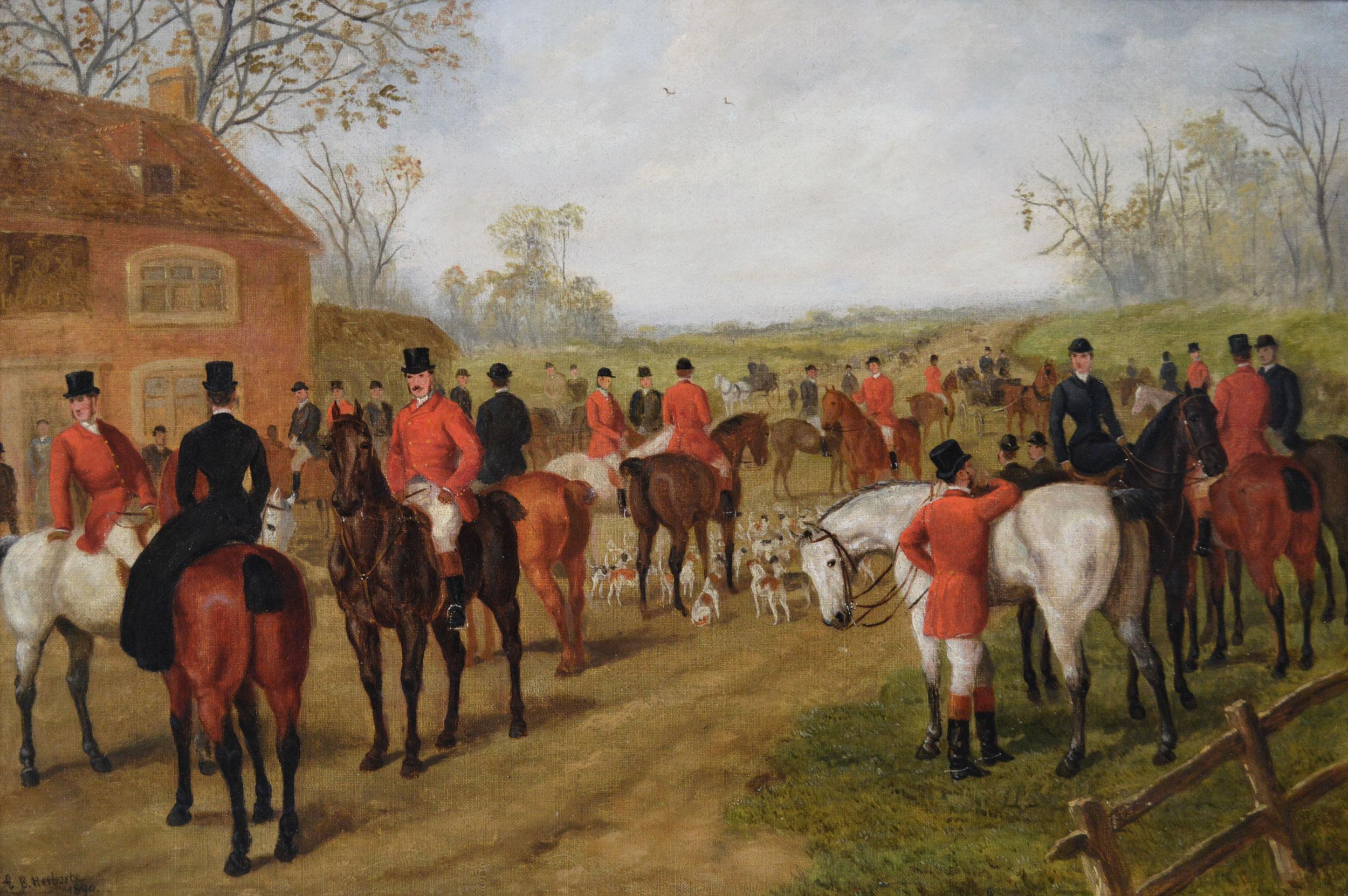 19th Century sporting oil painting of a hunting meet - Painting by Edward Benjamin Herberte