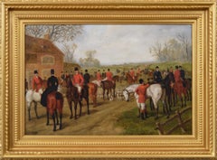 Antique 19th Century sporting oil painting of a hunting meet
