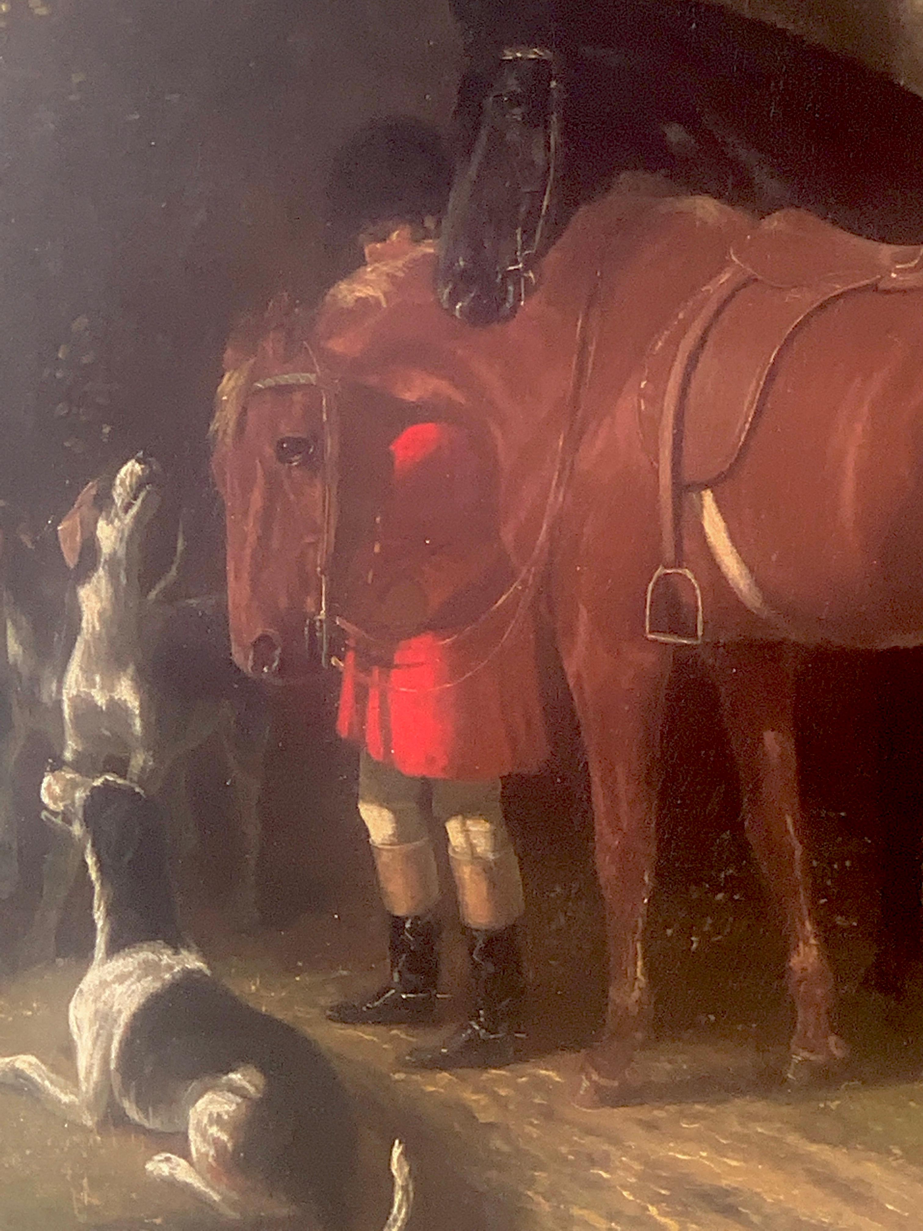 Une maison victorienne anglaise du 19e siècle  Chasse au renard, scène sportive avec chiens et chasseur - Painting de Attributed to Edward. B. Herberte