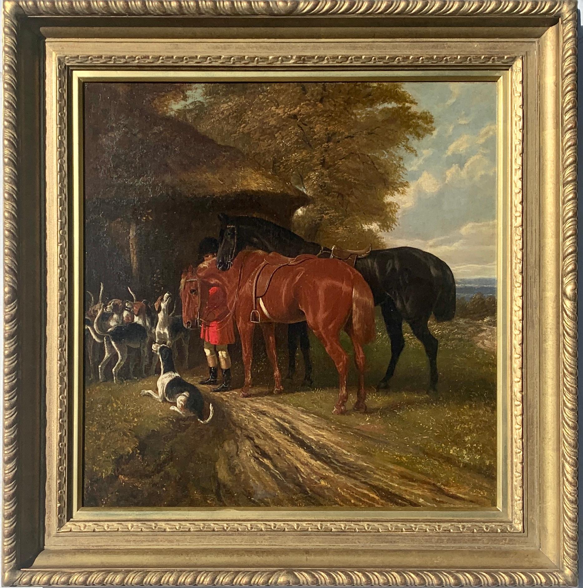 Animal Painting Attributed to Edward. B. Herberte - Une maison victorienne anglaise du 19e siècle  Chasse au renard, scène sportive avec chiens et chasseur