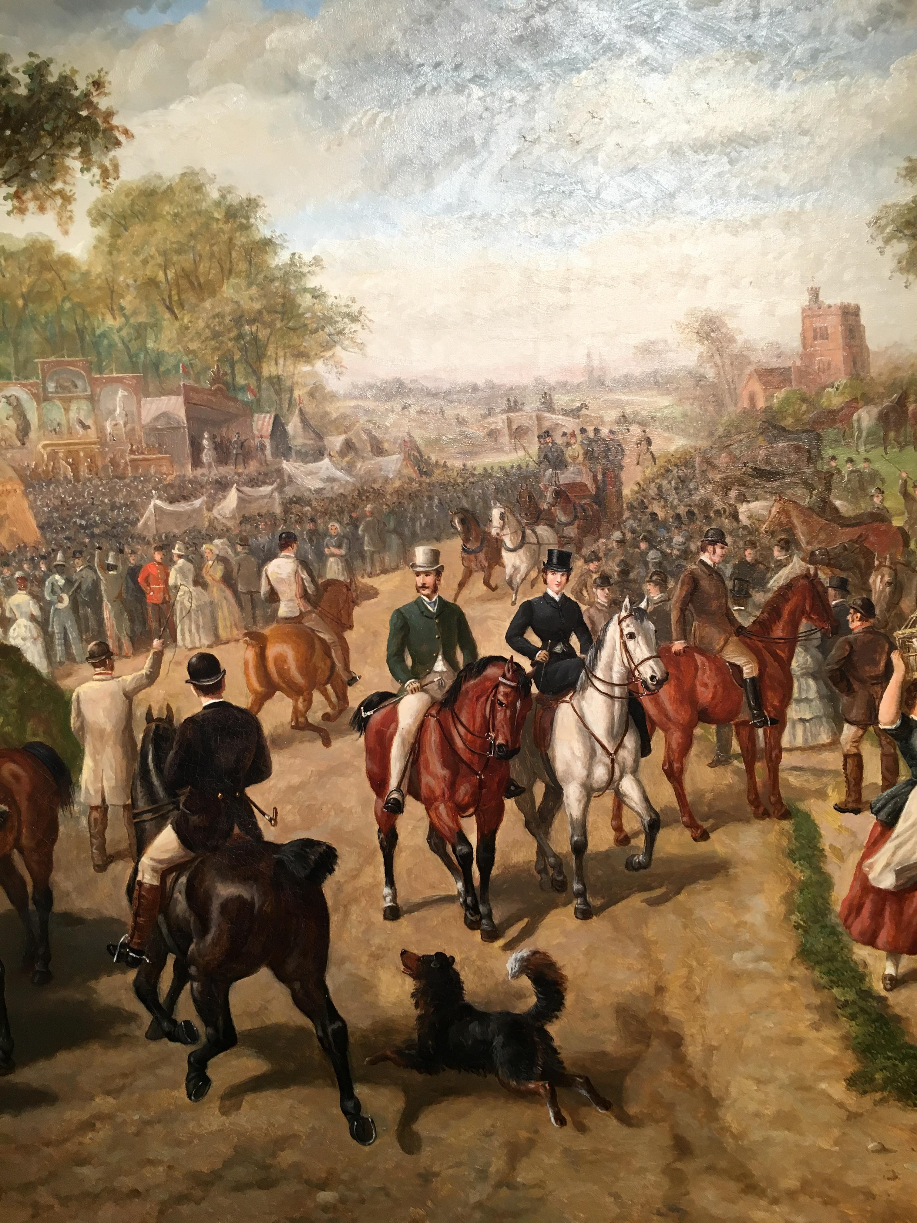A Victorian English Horse fair with pub, circus and many figures - Painting by Edward Benjamin Herberte