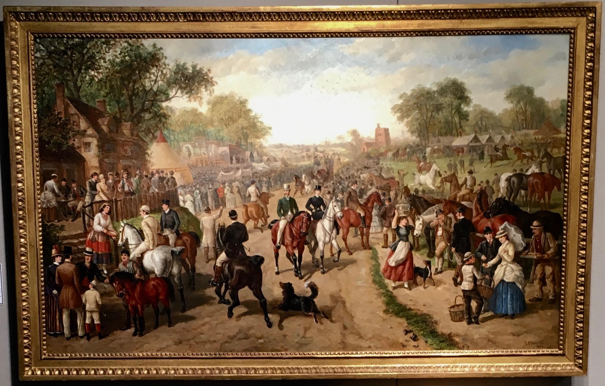 Edward Benjamin Herberte Animal Painting - A Victorian English Horse fair with pub, circus and many figures