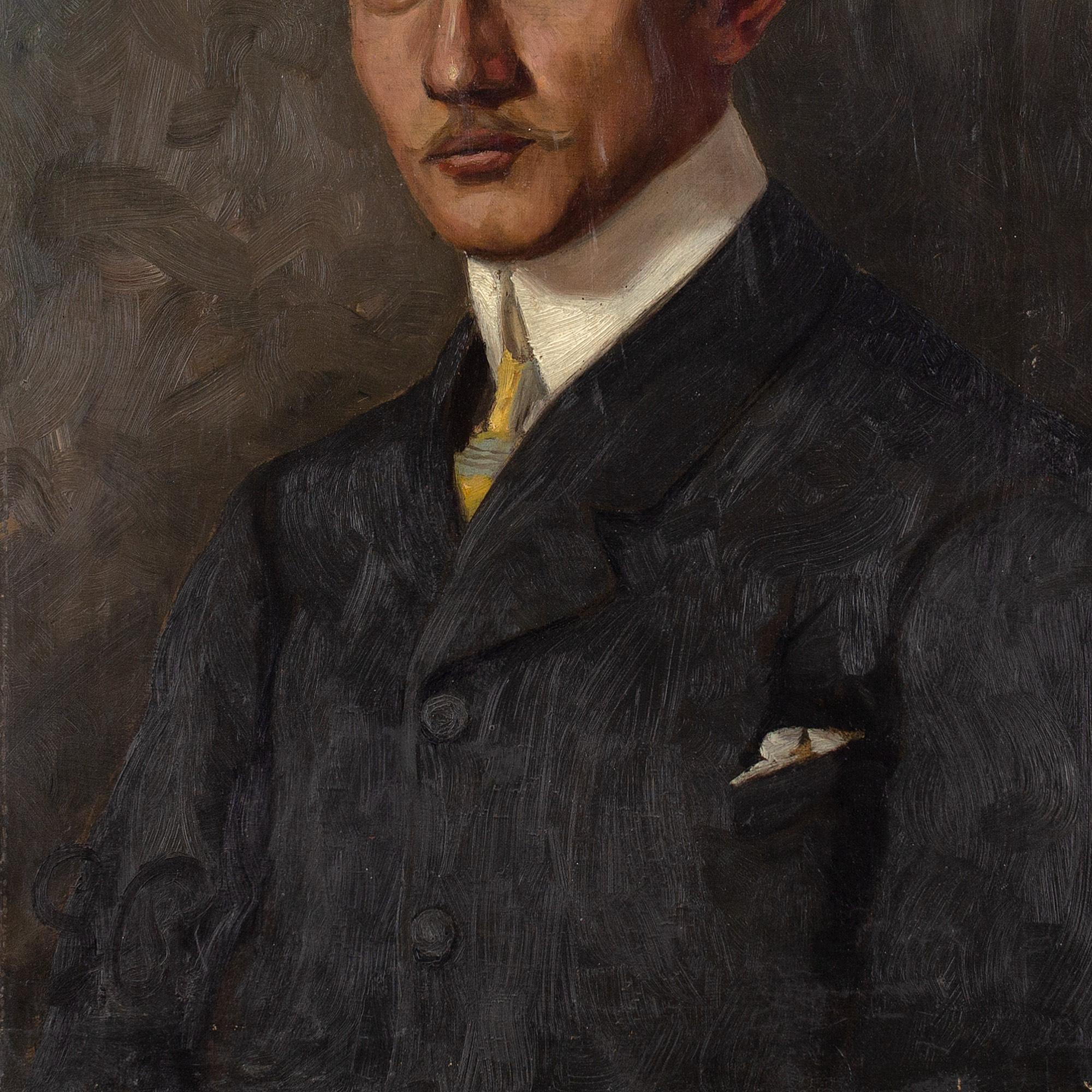 This 20th-century Swedish school portrait depicts a smartly attired gentleman with a grey suit and yellow tie. It’s painted with confidence and the prominent white collar adds interest and structure.

It’s monogrammed SC or SG and tracking down the