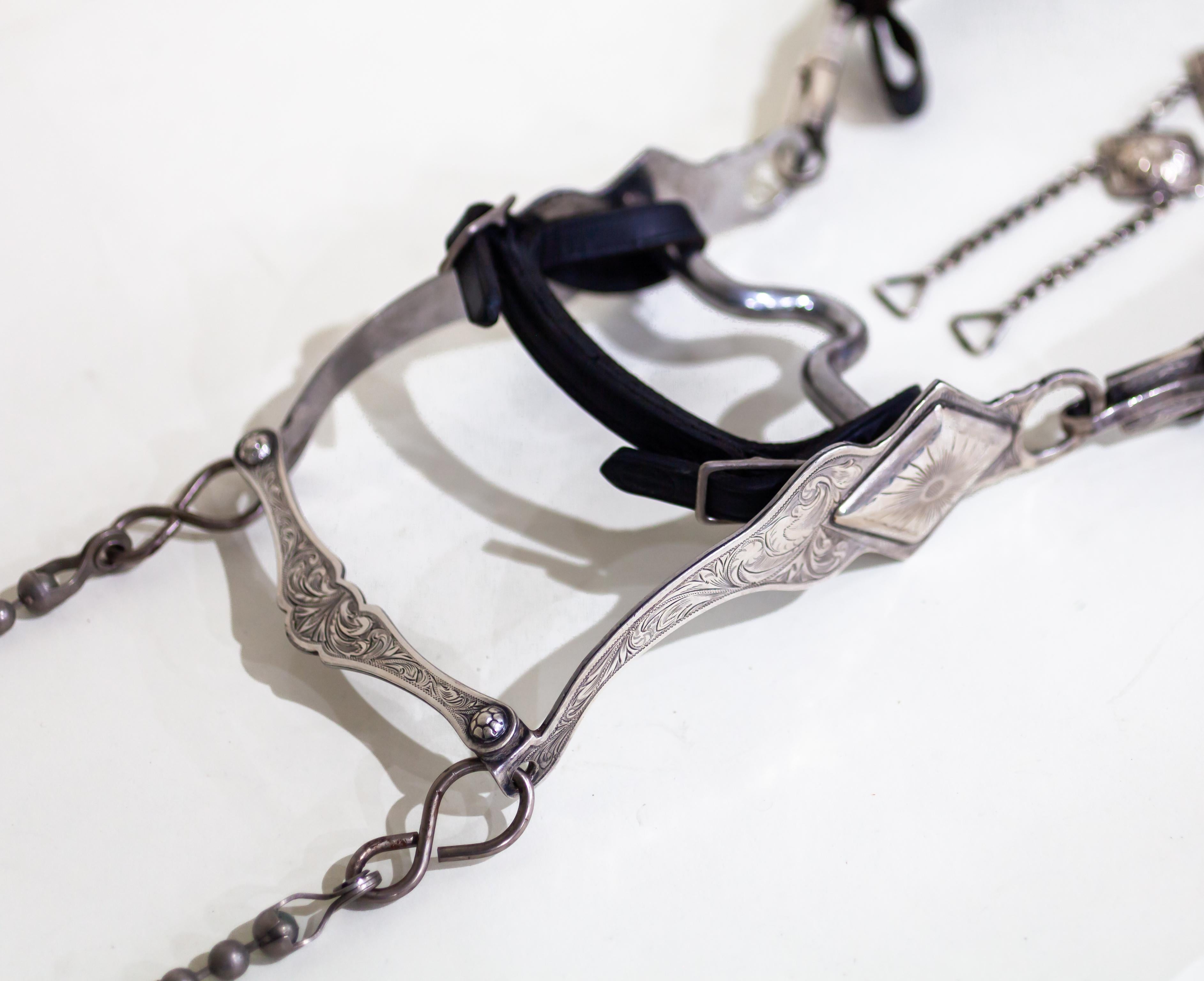 Modern Edward Bohlin Sterling Silver and Stainless Leather Parade Headstall and Bit