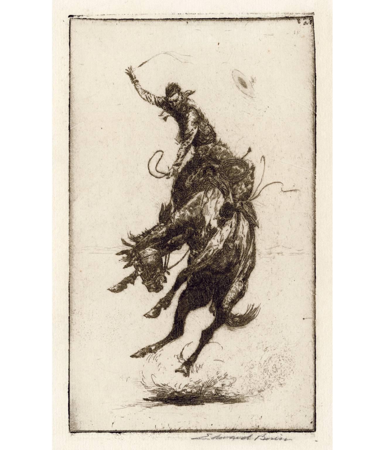 Edward Borein Figurative Print - 'Scratchin' High' — early American rodeo