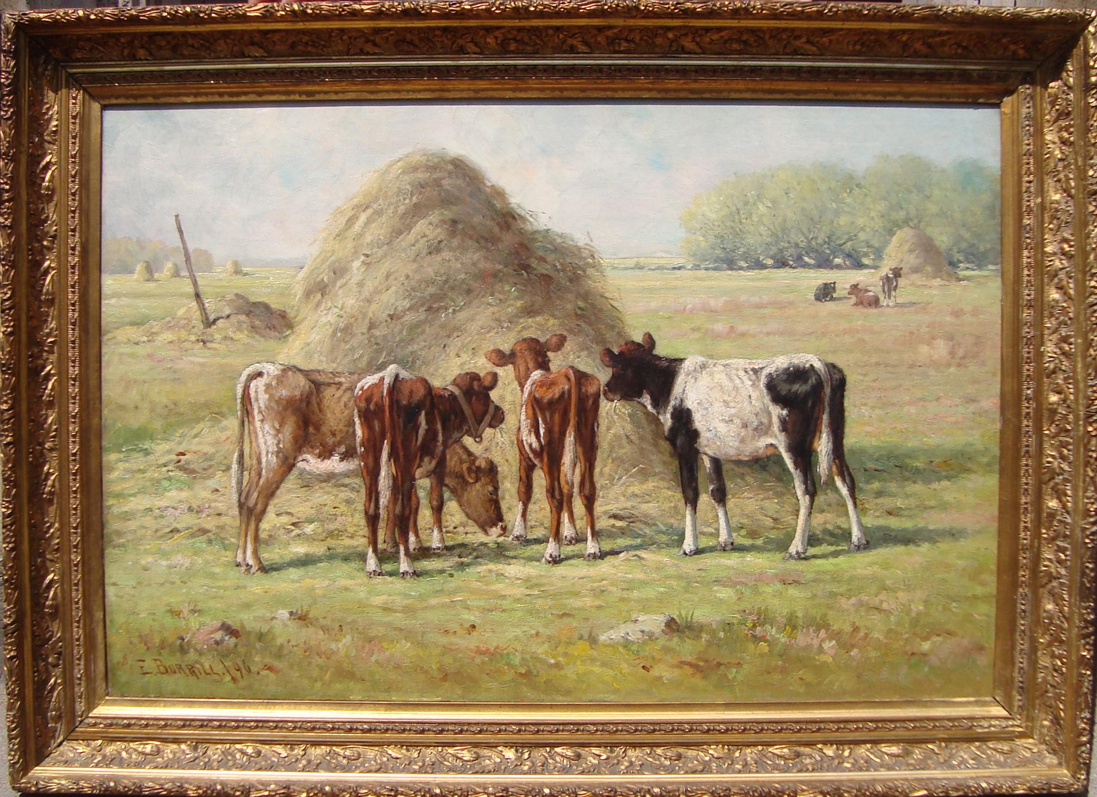 [Bestiame al pascolo vicino a un pagliaio]. - Painting di Edward Burrill Jr.