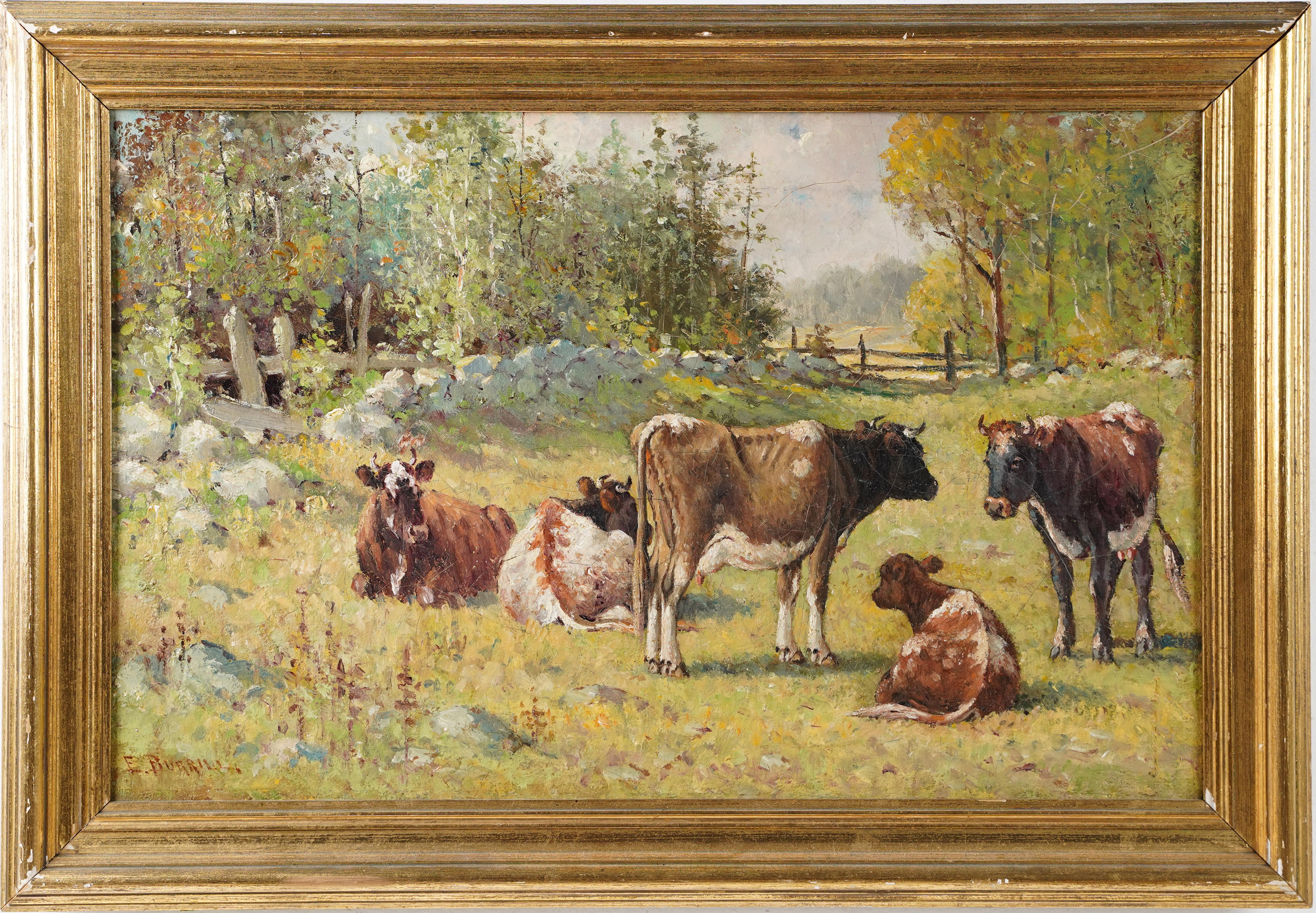 Ancienne peinture à l'huile impressionniste américaine représentant un paysage de vaches broutant, signée - Painting de Edward Burrill, Jr. 