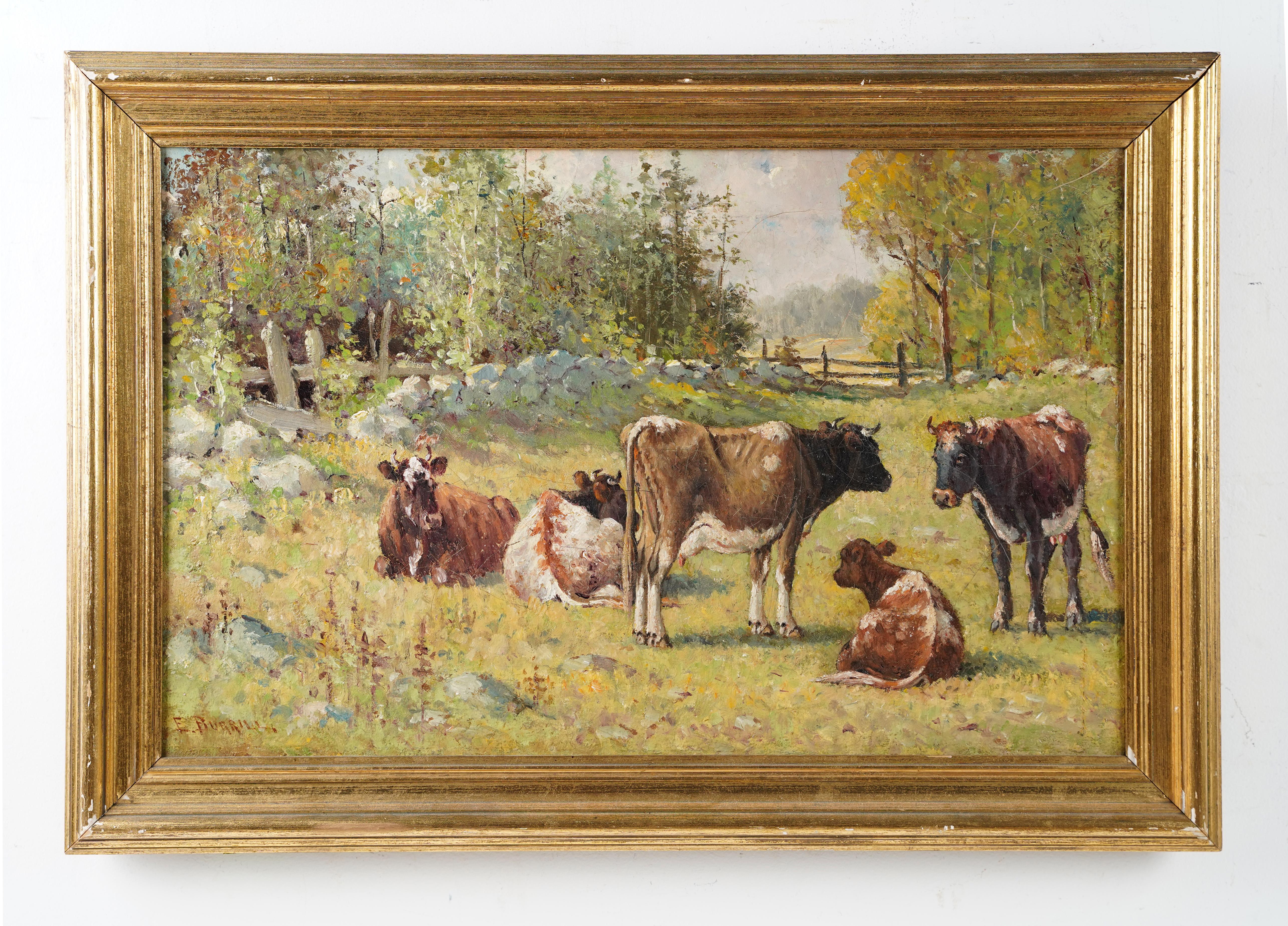 Ancienne peinture à l'huile impressionniste américaine représentant un paysage de vaches broutant, signée - Impressionnisme Painting par Edward Burrill, Jr. 