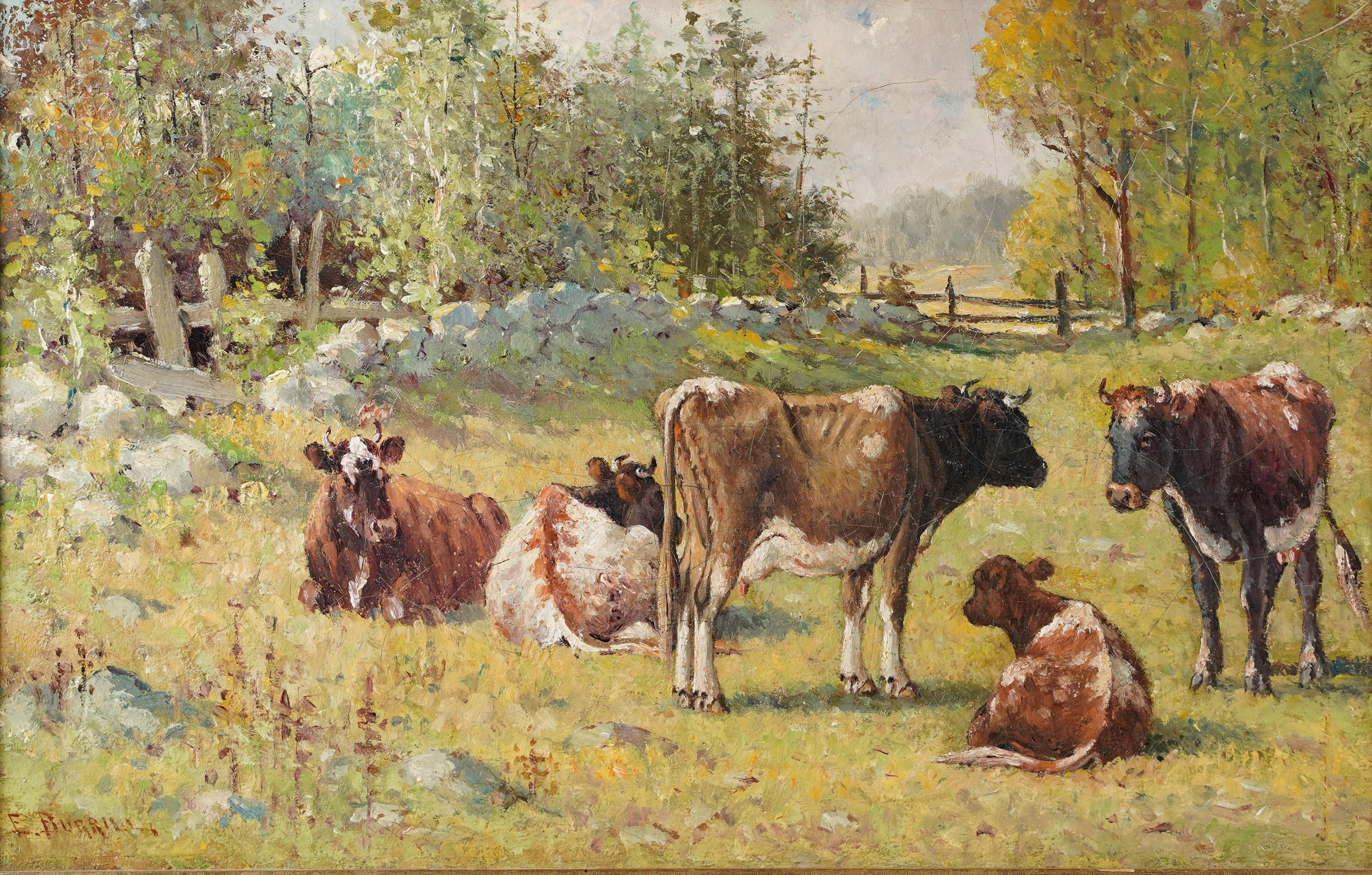 Ancienne peinture à l'huile impressionniste américaine représentant un paysage de vaches broutant, signée - Marron Landscape Painting par Edward Burrill, Jr. 