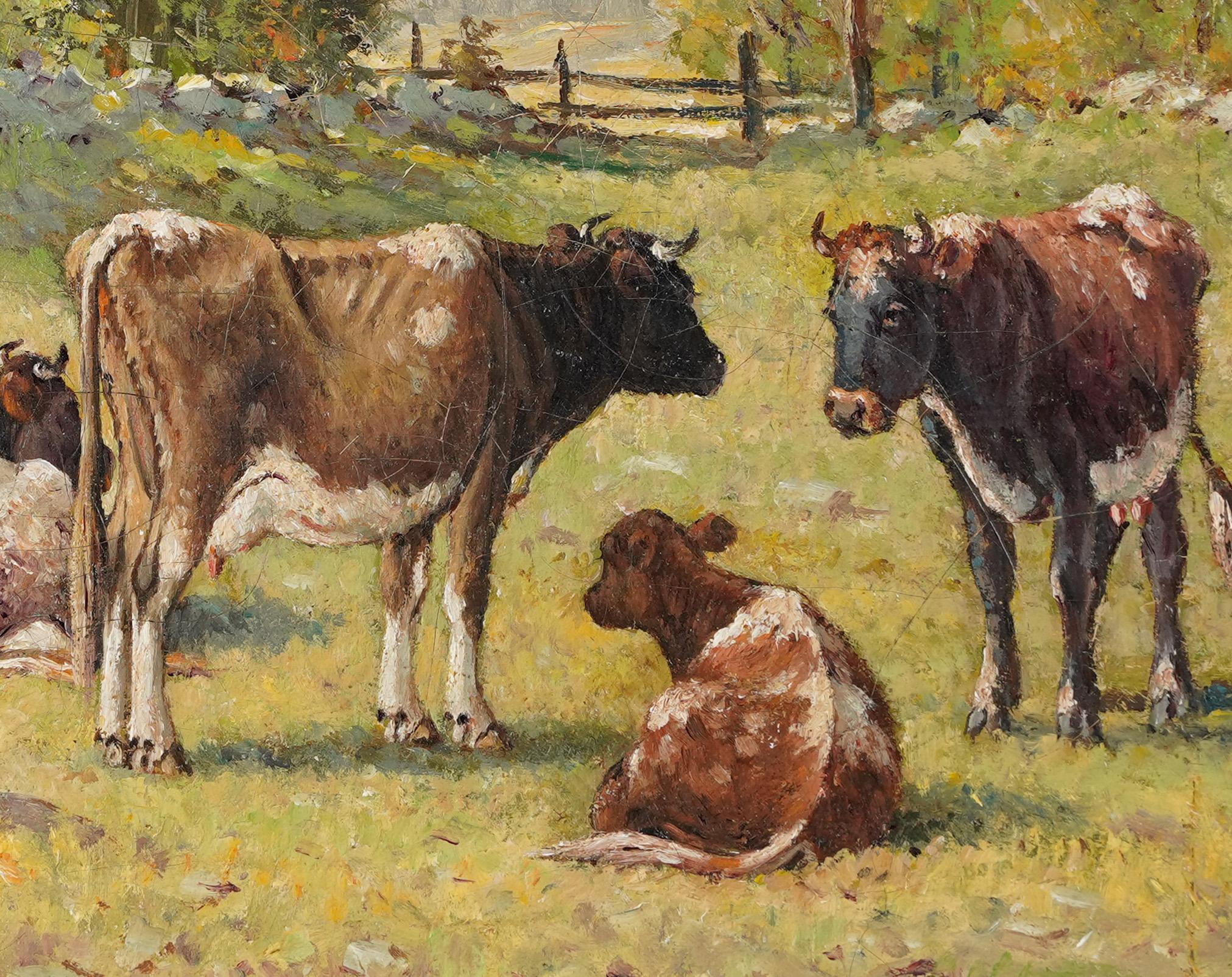 Antique peinture impressionniste américaine de paysage de vache par Edward Burrill, Jr. (1835 - 1913). Huile sur toile.  Logé dans un cadre d'époque.  Taille de l'image, 22L x 14H.  Signé.

