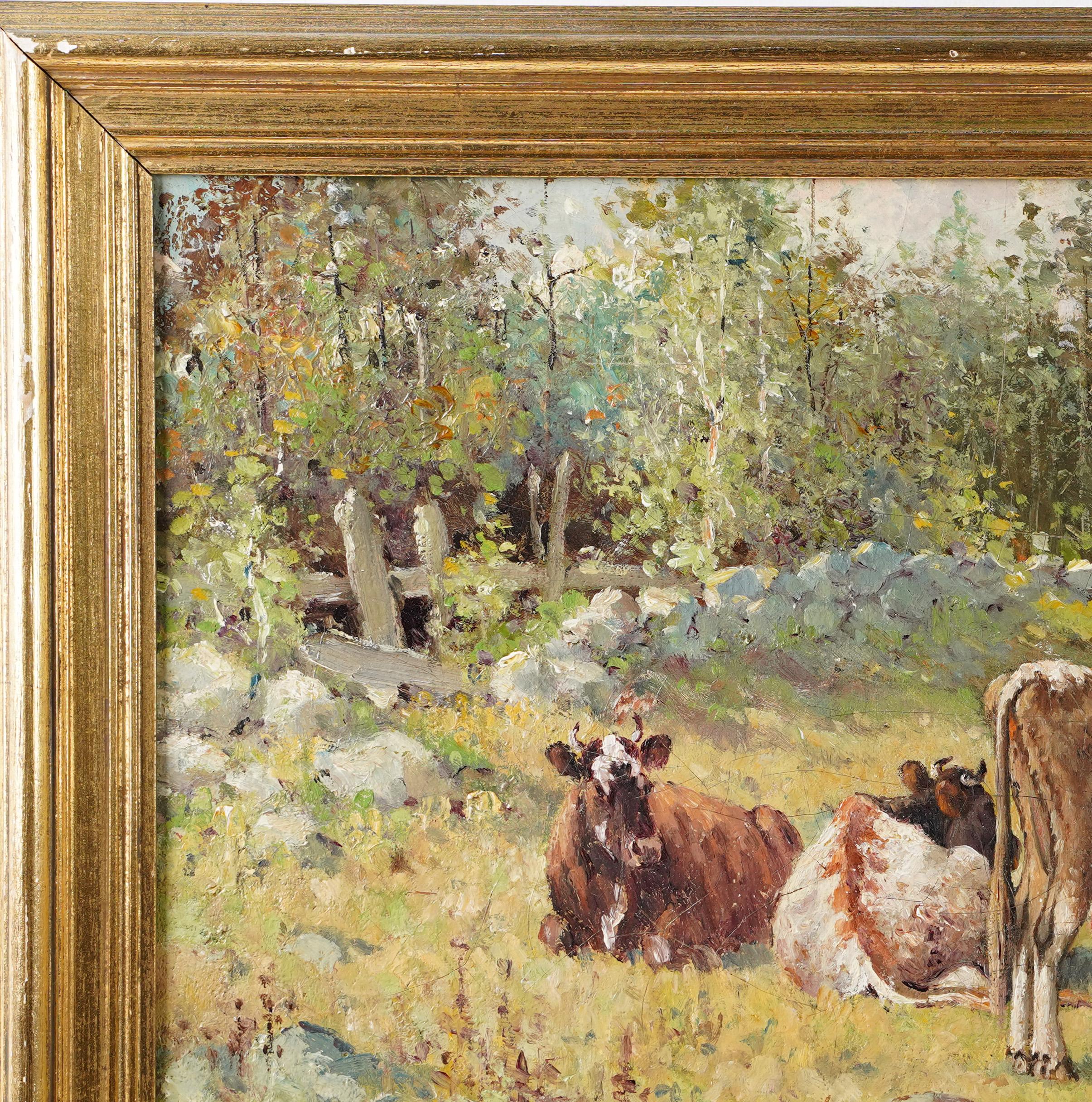 Ancienne peinture à l'huile impressionniste américaine représentant un paysage de vaches broutant, signée 1