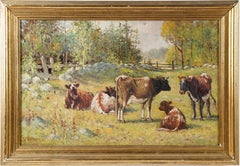 Ancienne peinture à l'huile impressionniste américaine représentant un paysage de vaches broutant, signée