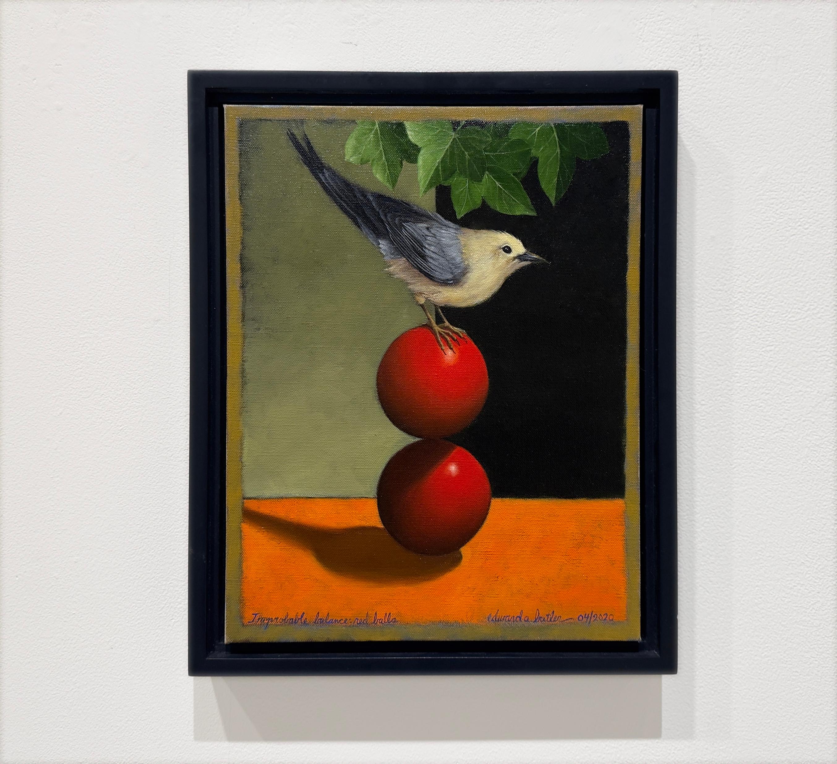 IMPROBABLE BALANCE: RED BALLS - Realism, Still Life, Animal - Painting by Edward Butler
