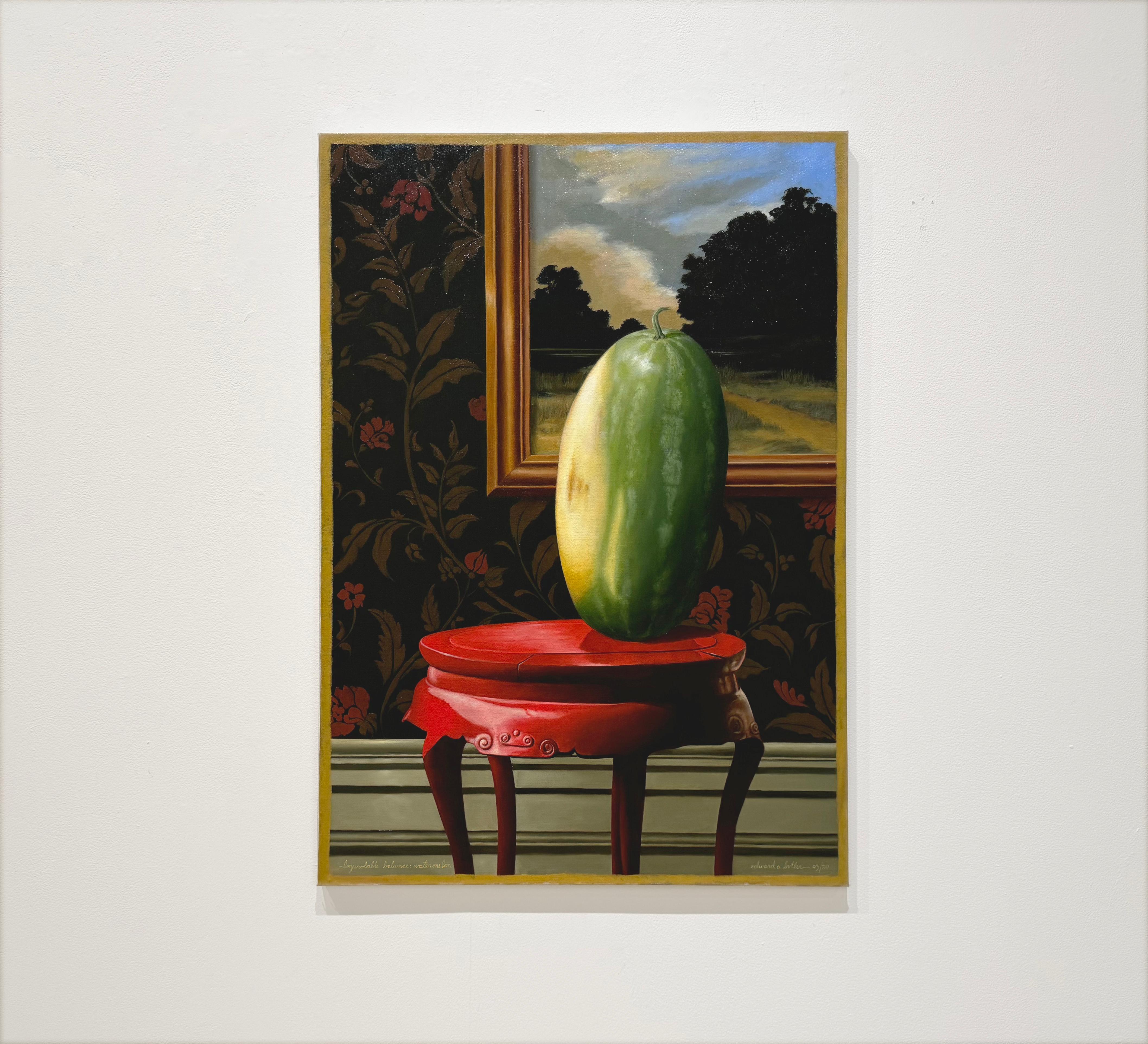 IMPROBABLE BALANCE: WATERMELON - Still Life, Trompe L'œil, Fruit - Painting by Edward Butler