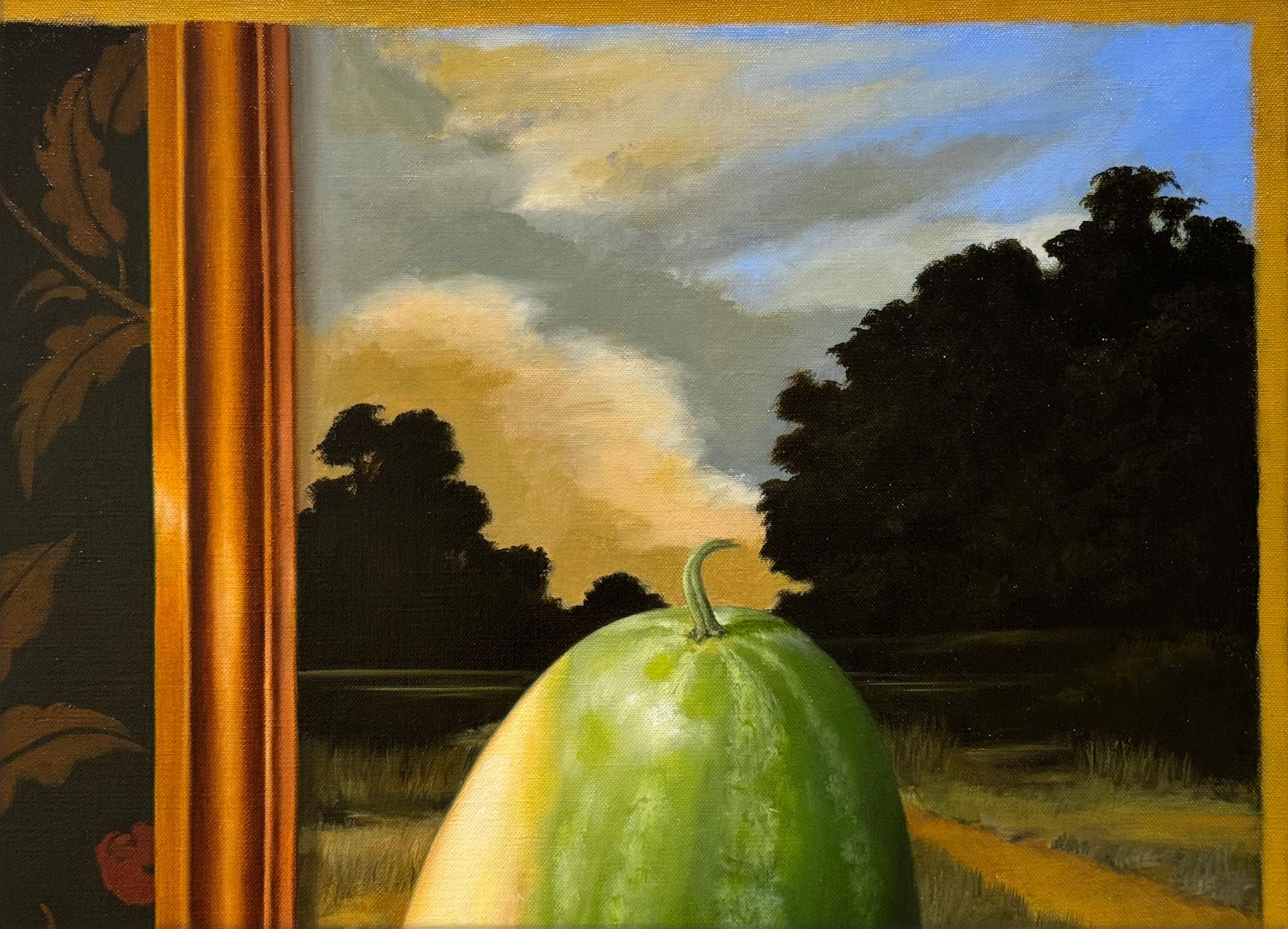 IMPROBABLE BALANCE: WATERMELON - Still Life / Trompe L'œil / Fruit - Contemporary Painting by Edward Butler