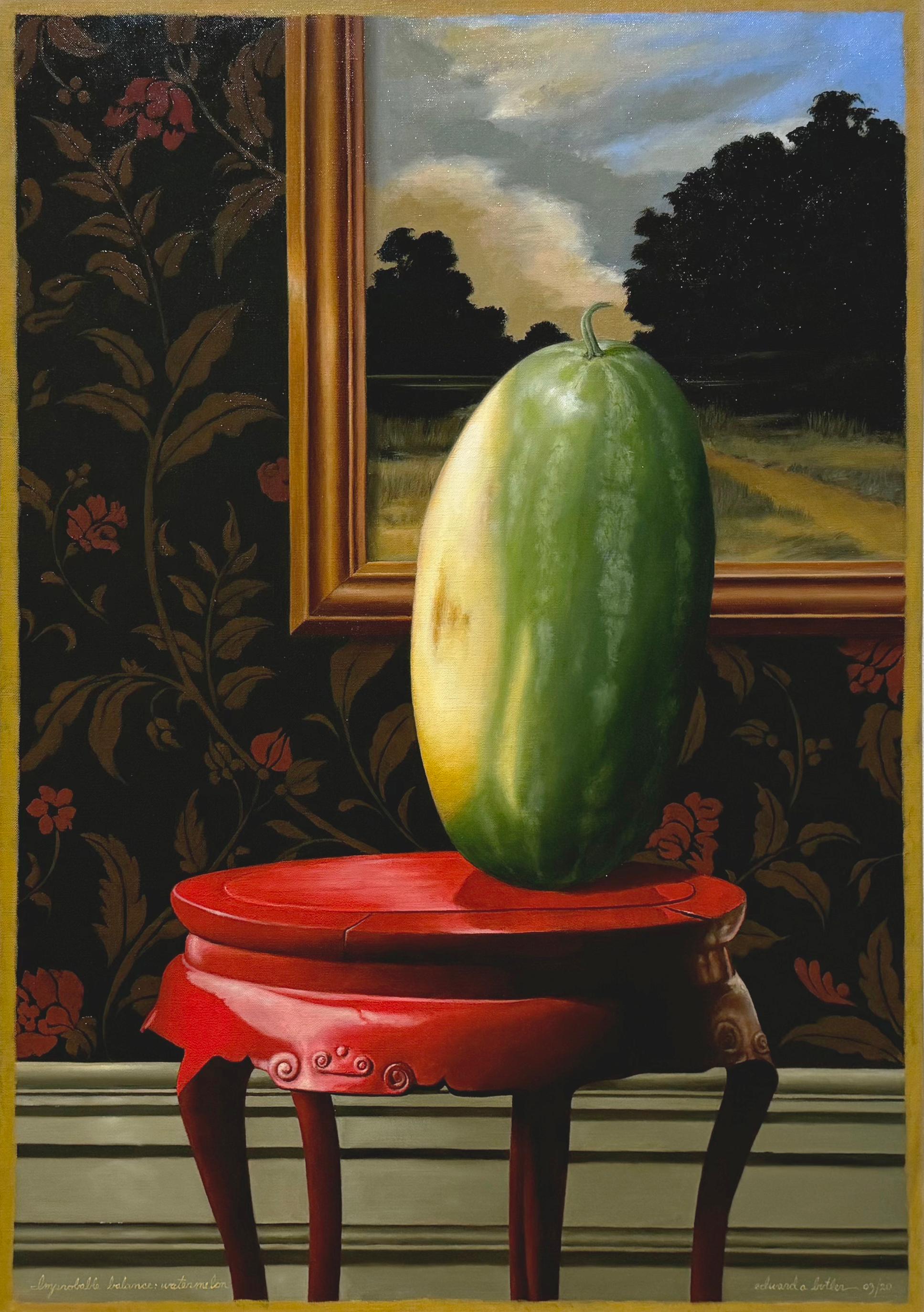 Edward Butler Still-Life Painting – IMPROBABLE BALANCE: WASSERMELON - Stillleben, Trompe L'œil, Obst