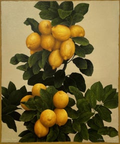 LEMONS, LEAVES, still life, lemon tree, vivid green, yellow, photorealism, flora