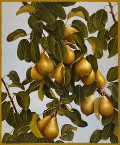 PEARS, LEAVES, fruit still life painting with vivid details