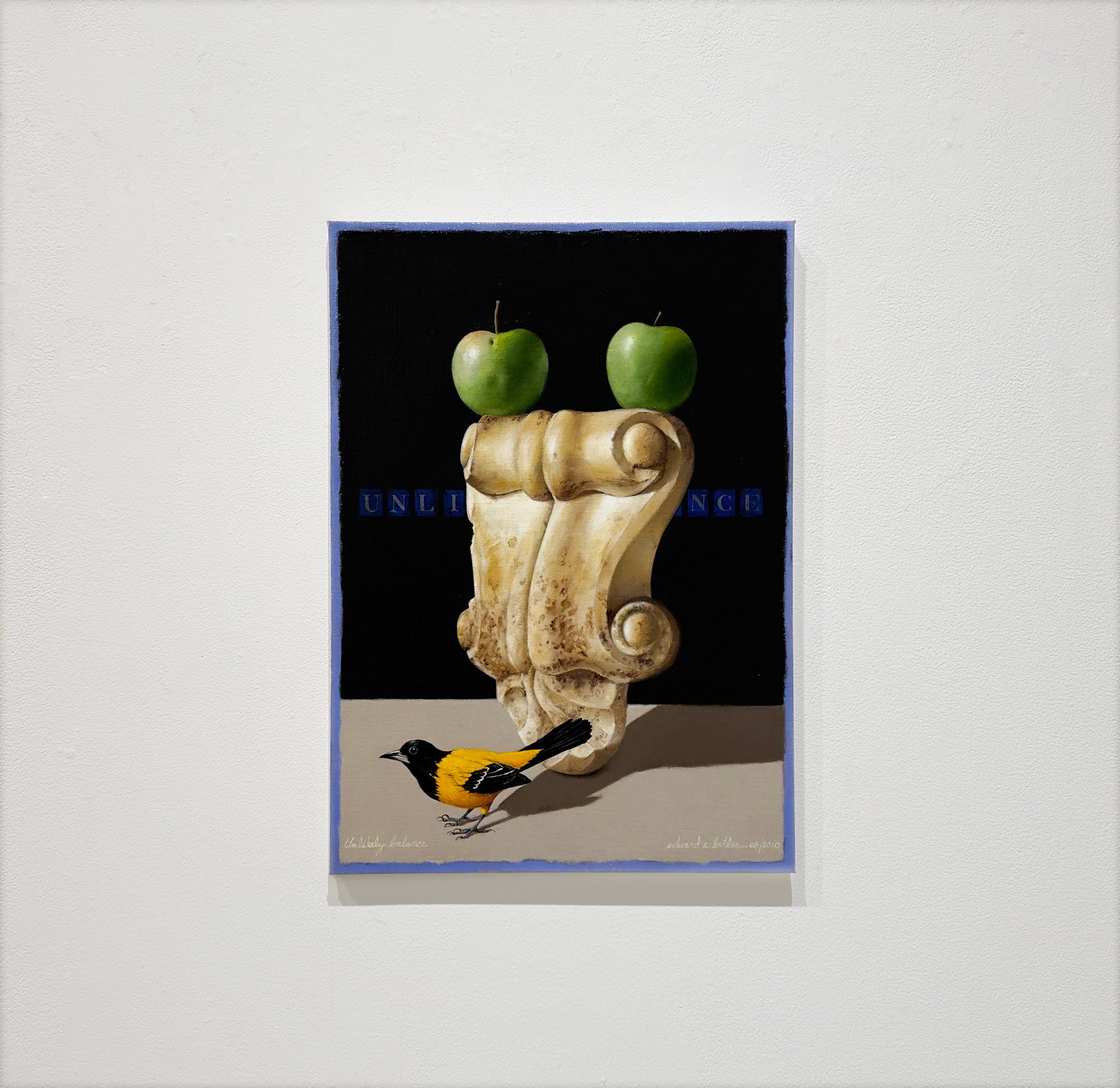 UNLIKELY BALANCE- Vogel, Stillleben, Realismus – Painting von Edward Butler