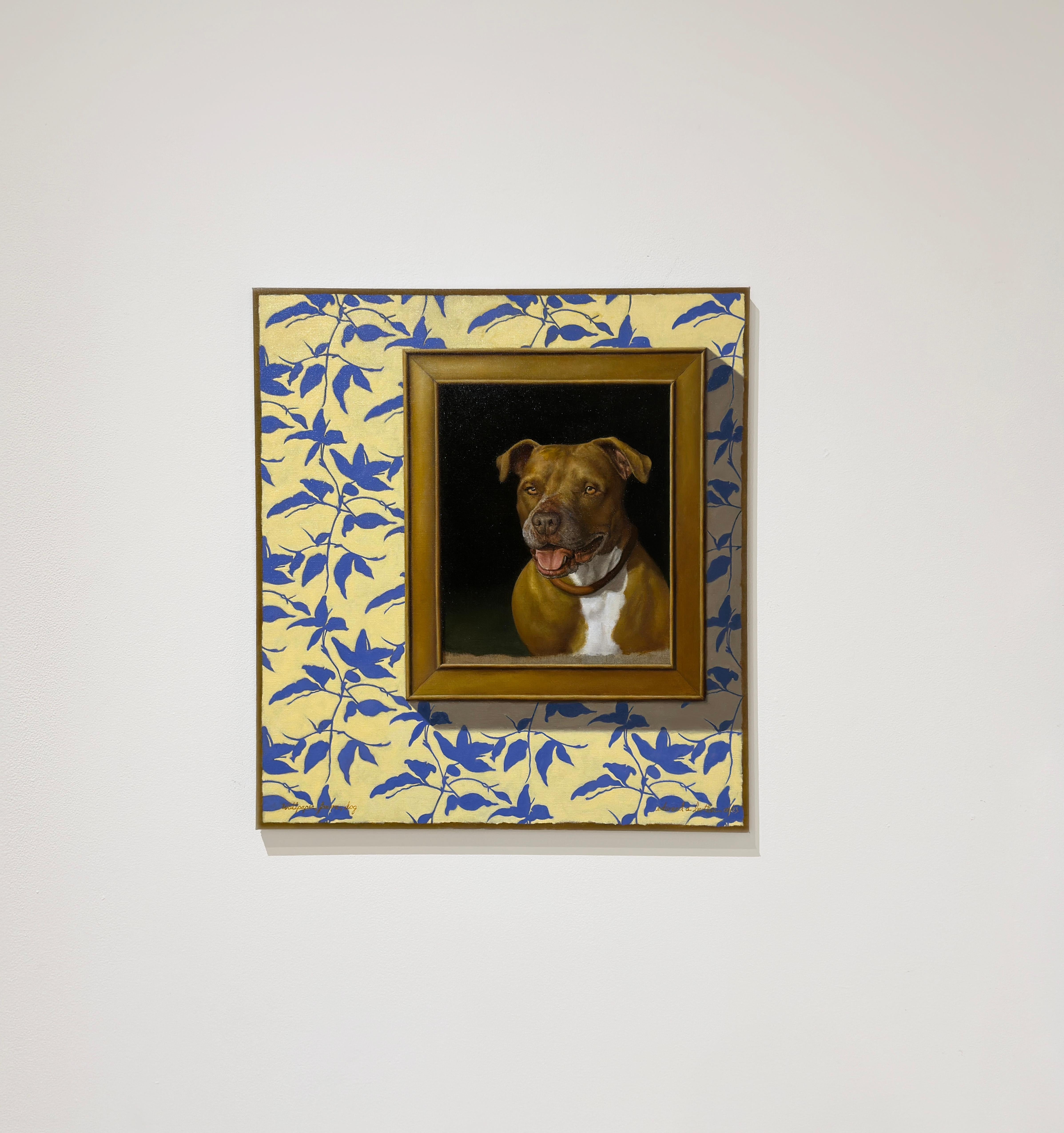 WALLPAPER, FRAME, DOG - Realism / Humor / Pitbull - Painting by Edward Butler