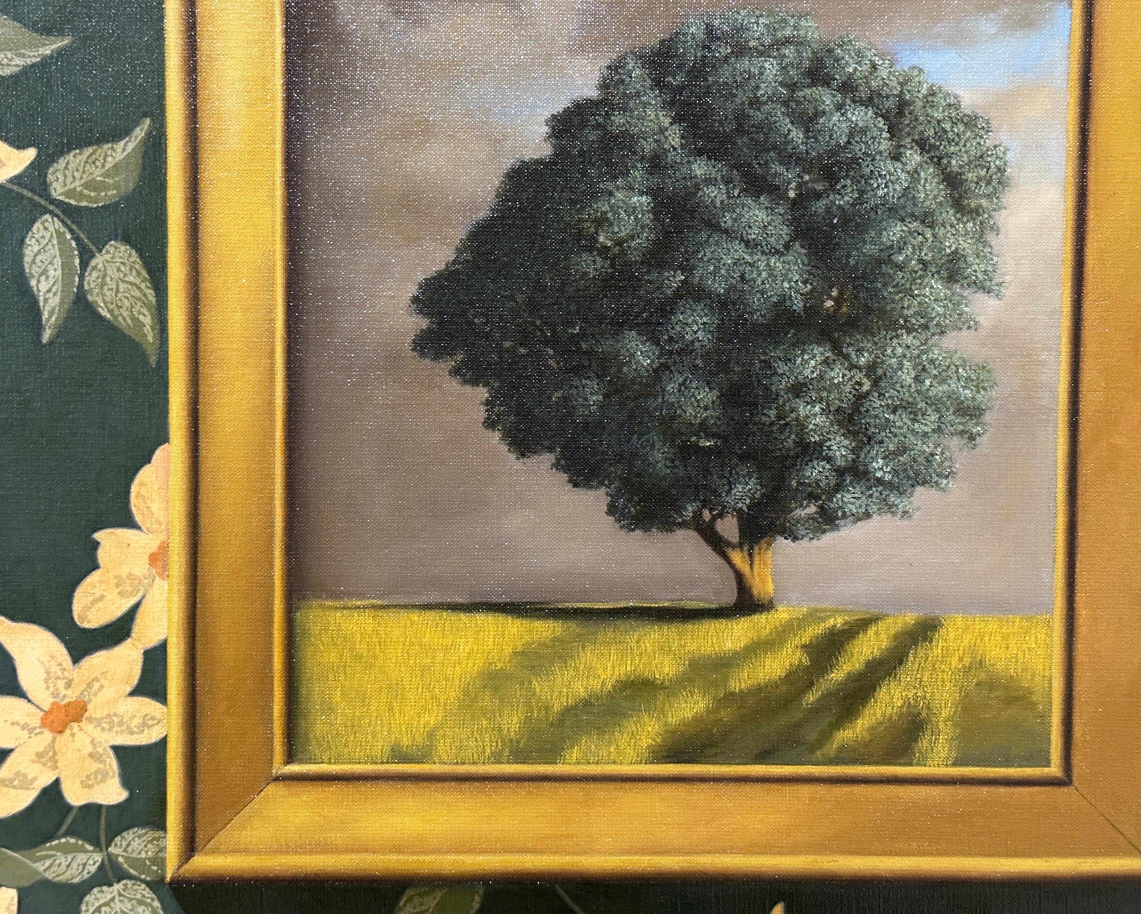 WALLPAPER, FRAME, TREE - Realism / Trompe L'œil / Landscape / Still Life - Contemporary Painting by Edward Butler