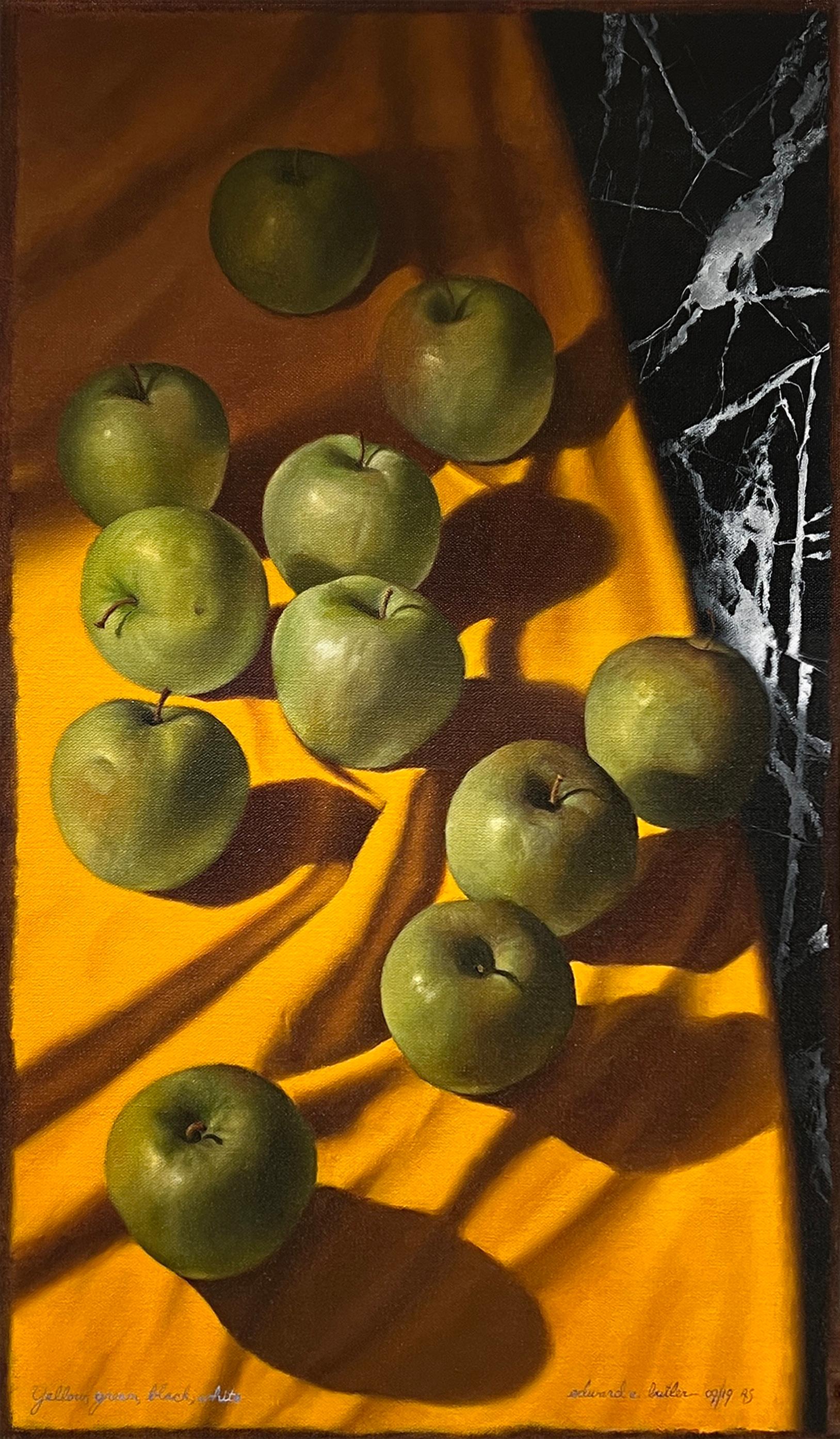 Edward Butler Still-Life Painting - YELLOW, GREEN, BLACK, WHITE - Contemporary Realism / Still Life Color Apples