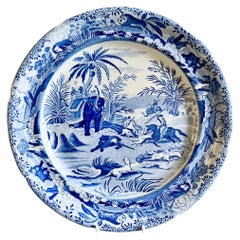 Edward Challinor Pearlware Plate, Blue and White "Death of a Bear", circa 1850