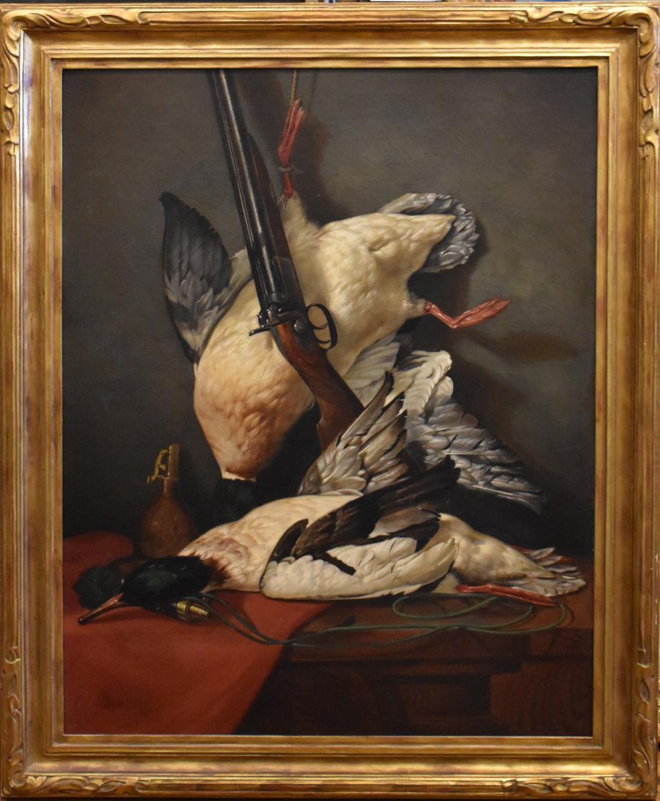 Edward Chalmers Leavitt Still-Life Painting - "DUCK HUNT" MERGANSERS, DUCK CALL, SHOTGUNN DATED 1889 FRAME 43 X 35 NEWCOMB