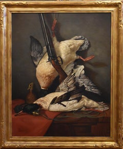 "DUCK HUNT" MERGANSERS, DUCK CALL, SHOTGUNN DATED 1889 FRAME 43 X 35 NEWCOMB