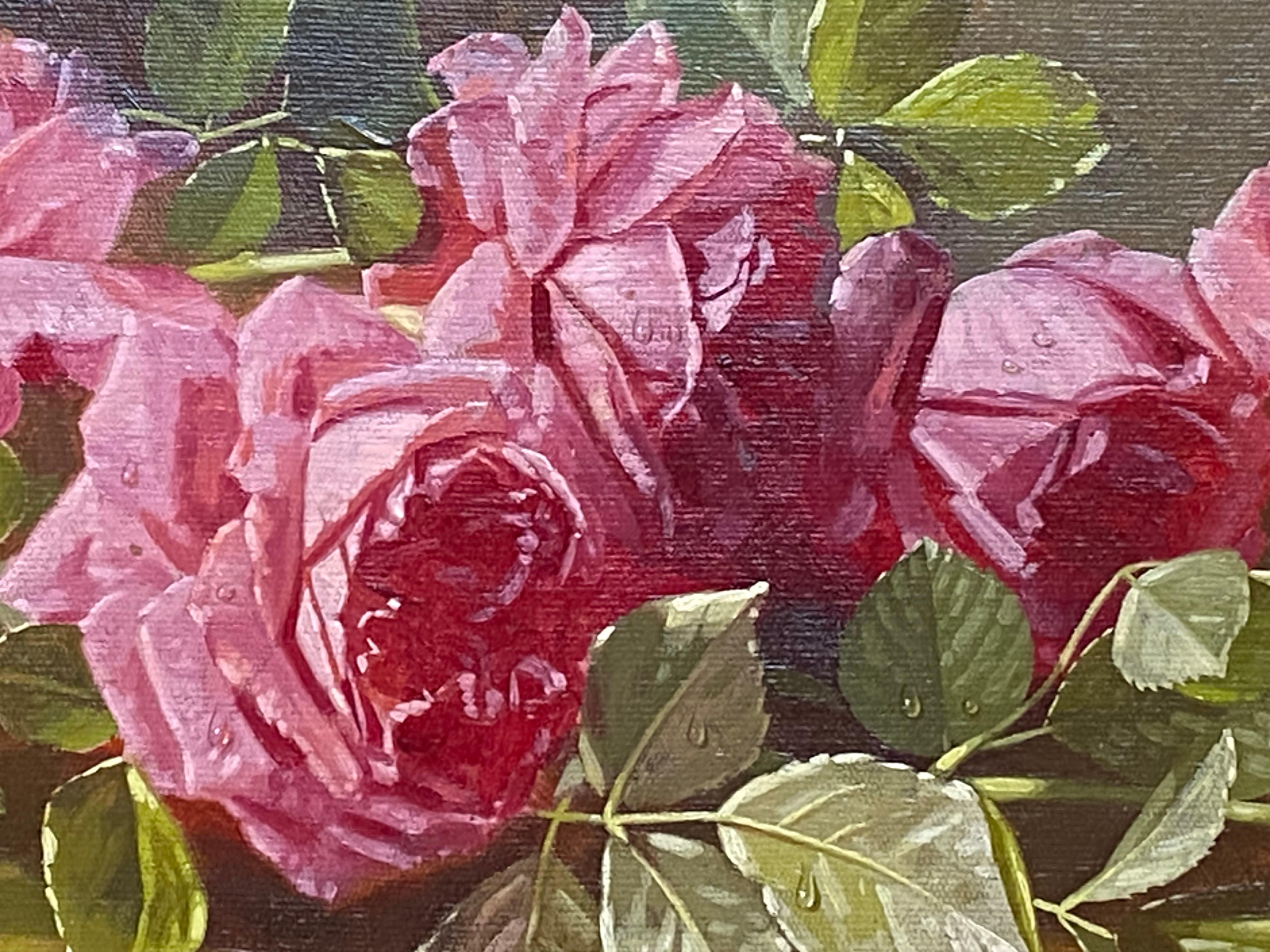 Very fine example of the artistry of the master still life painter of his day, Edward Chalmers Leavitt.  A still life of just cut red roses on a table top. Drops of dew can be even on several of the roses and  leaves. Beautifully painted in an