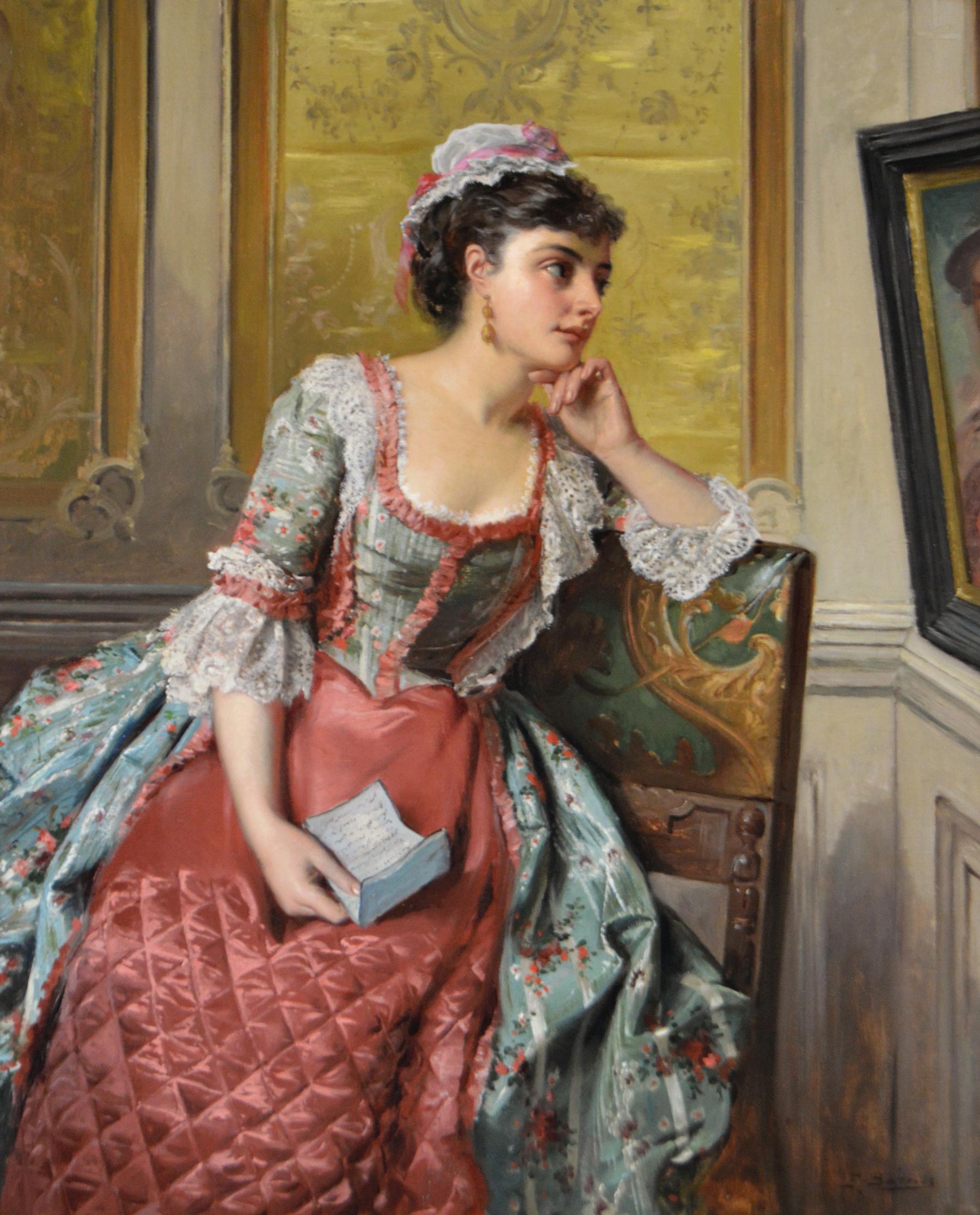 19th Century genre oil painting of a lady holding a letter - Painting by Edward Charles Barnes