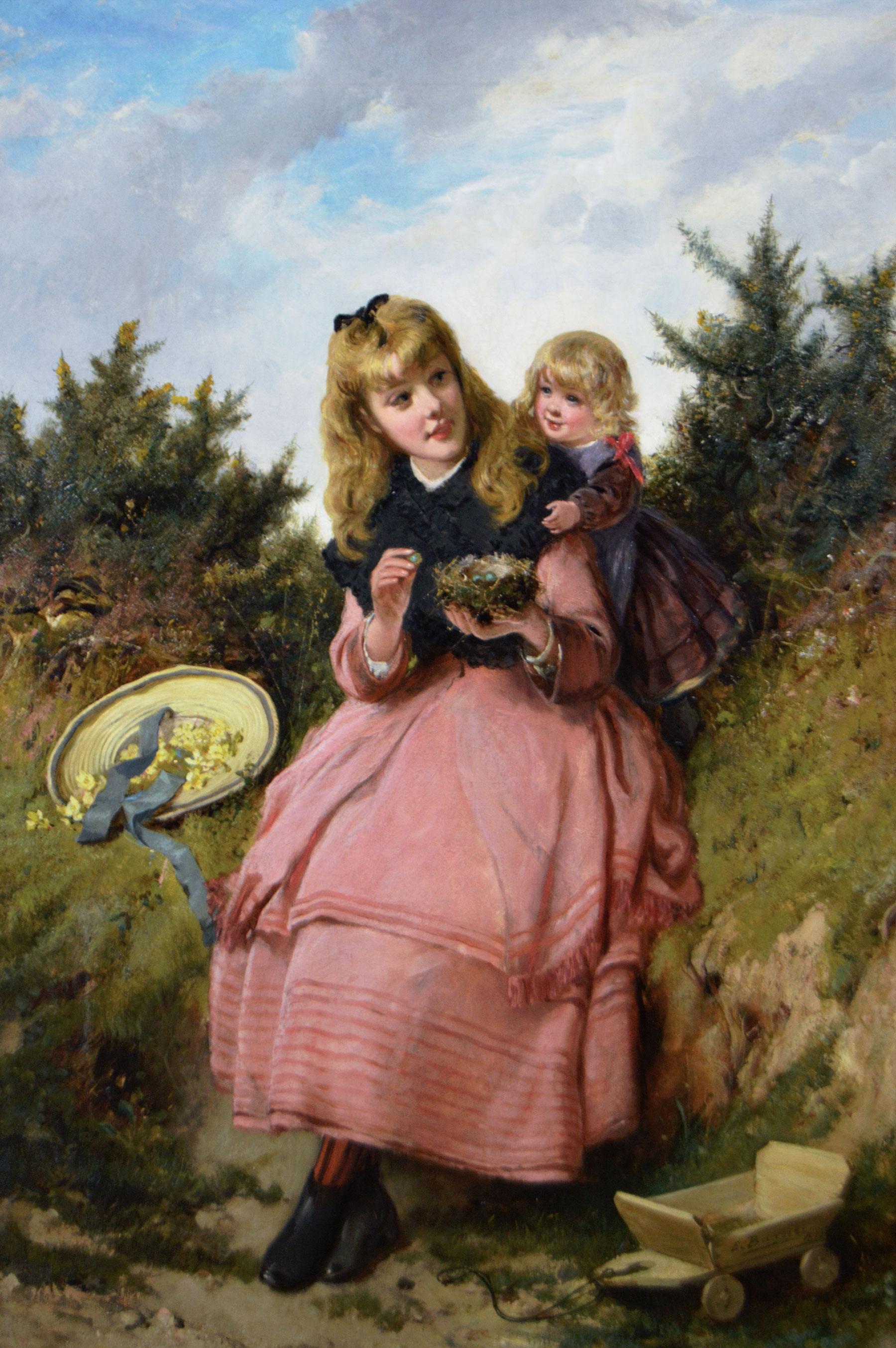 19th Century genre oil painting of two girls with a bird’s nest - Painting by Edward Charles Barnes